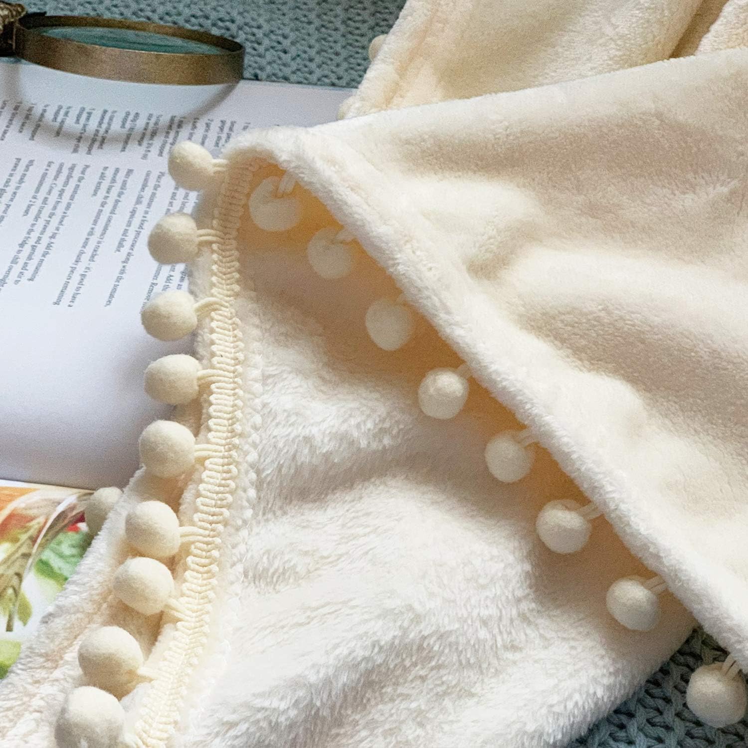 Ivory Fleece Pom-Pom Fringe Lightweight Baby Throw Blanket