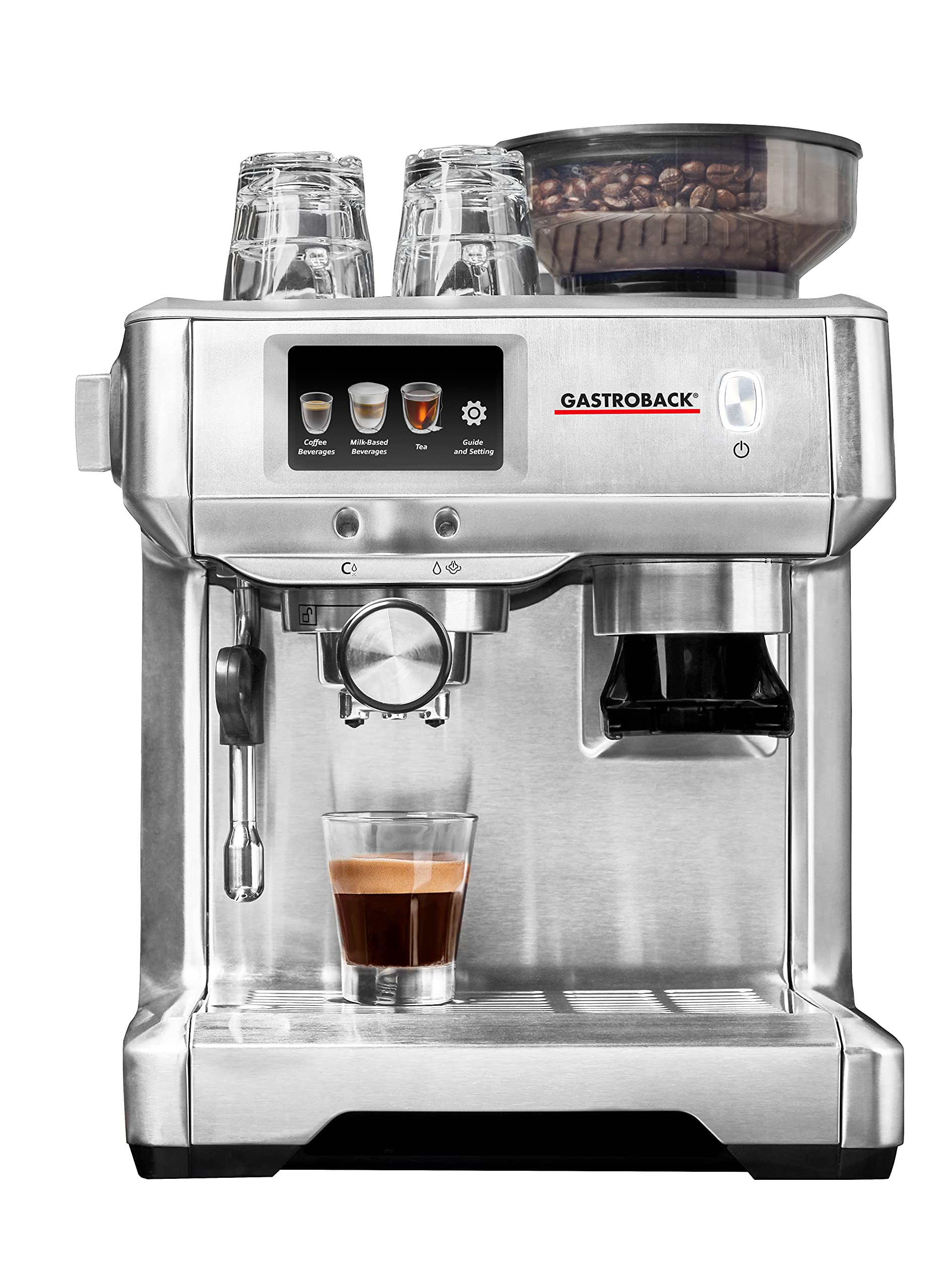 GASTROBACK #42623 Design Espresso Barista Touch, programmierbare Siebträgermaschine mit integriertem Kegelmahlwerk und LCD-Touchscreen, professioneller italenischer ULKA Espressopumpe (15 bar), Silber