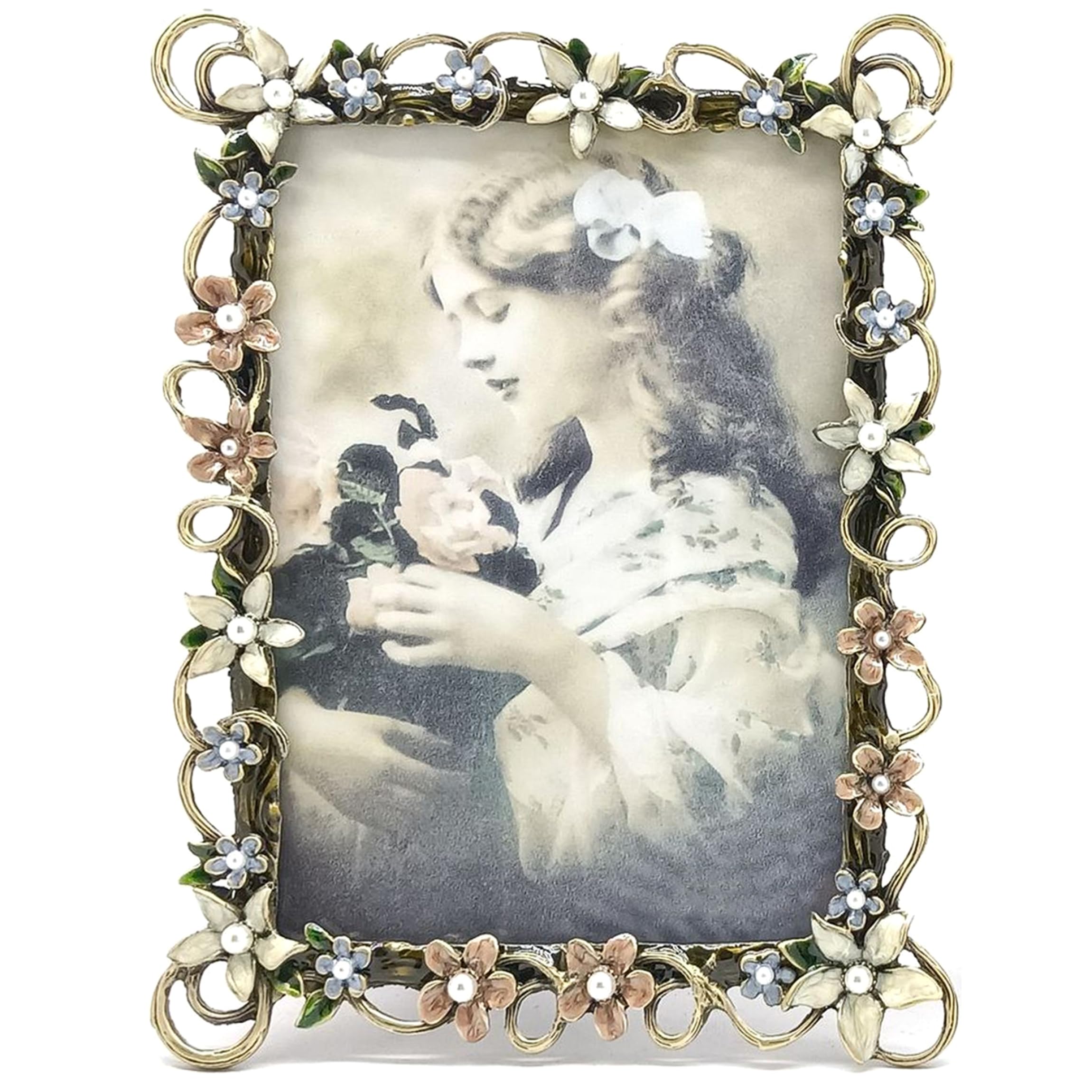 Xoeryoy Floral Picture Frames, Enamel Decorative Picture Frames Vintage Ornate Metal Flower Frame for Home & Office Tabletop Display, 7X5 Inch