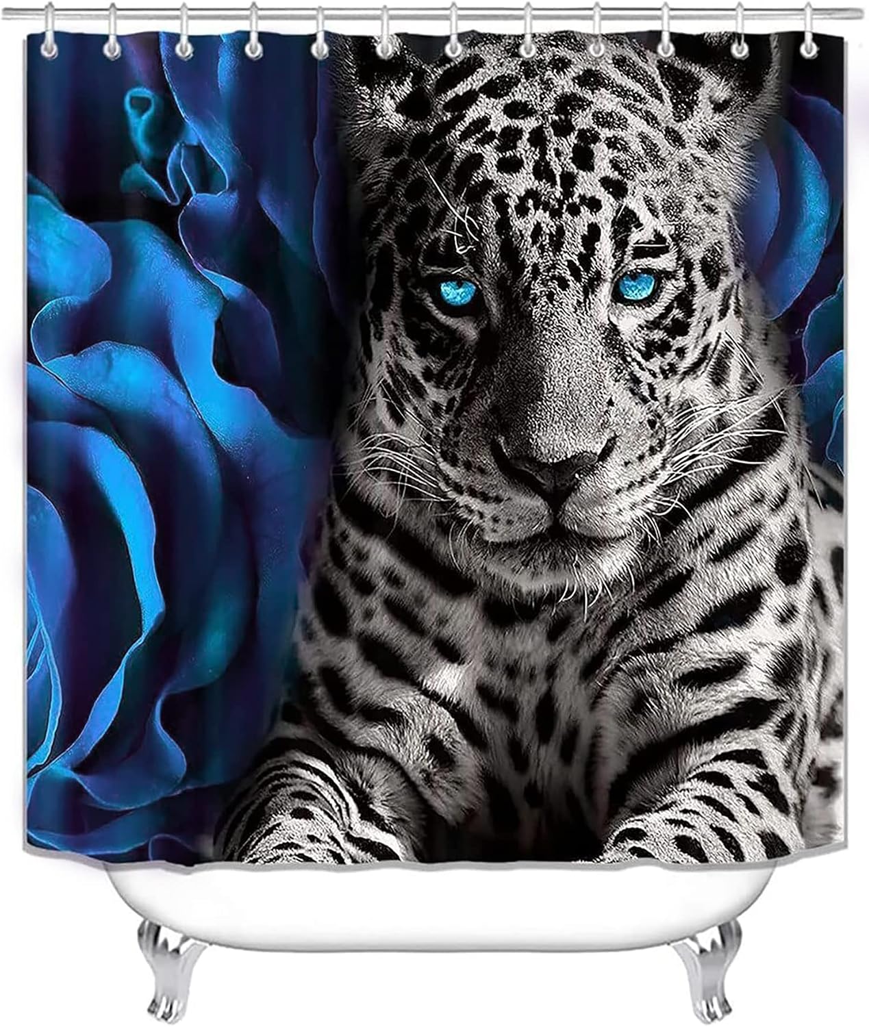 4 Piece Blue Rose and Leopard Bathroom Set with Shower Curtain and Rugs, Toilet Lid Cover and Non-Slip Mat, Blue Shower Curtain with 12 Hooks, Luxury Complete Bathroom Accessories Decor Set