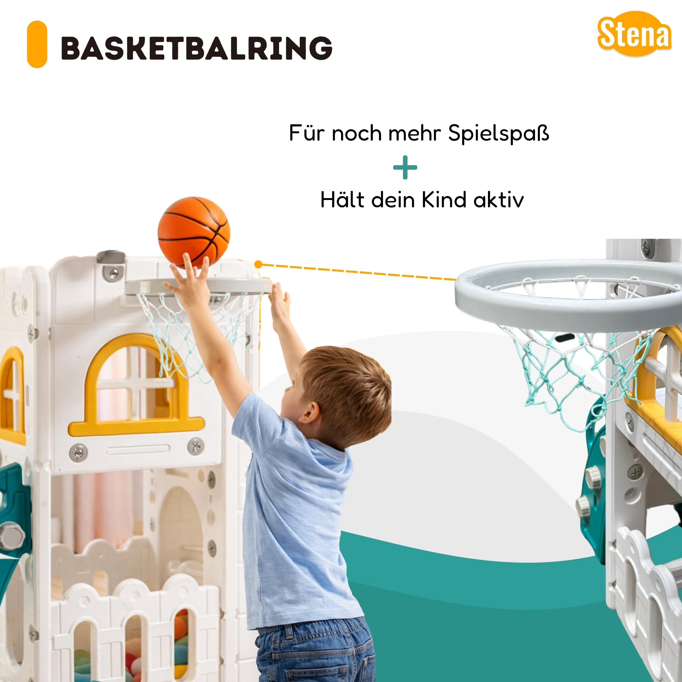 Stena Spielhaus mit Rutsche und Brücke - Basketballkorb, Ball & Spielzeug-Teleskop - Indoor & Outdoor - Spielturm - Klettergerüst für Kleinkinder