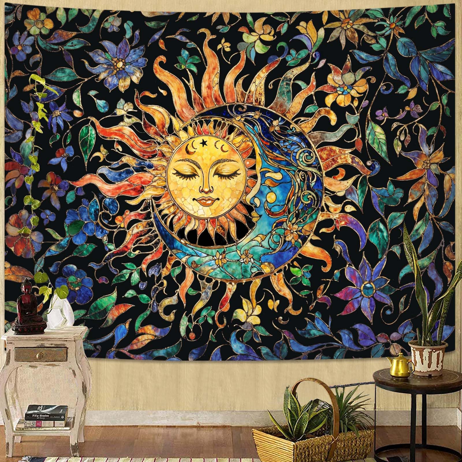 Sun and Moon Boho Floral Wall Tapestry