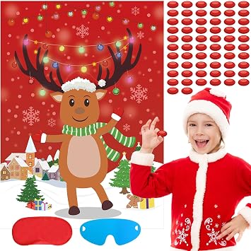 Pin the Nose on the Reindeer Christmas Party Games for Kids Large Reindeer Game Post with 84PCS Red Nose for Family Christmas New Year Holiday Party Game Supplies