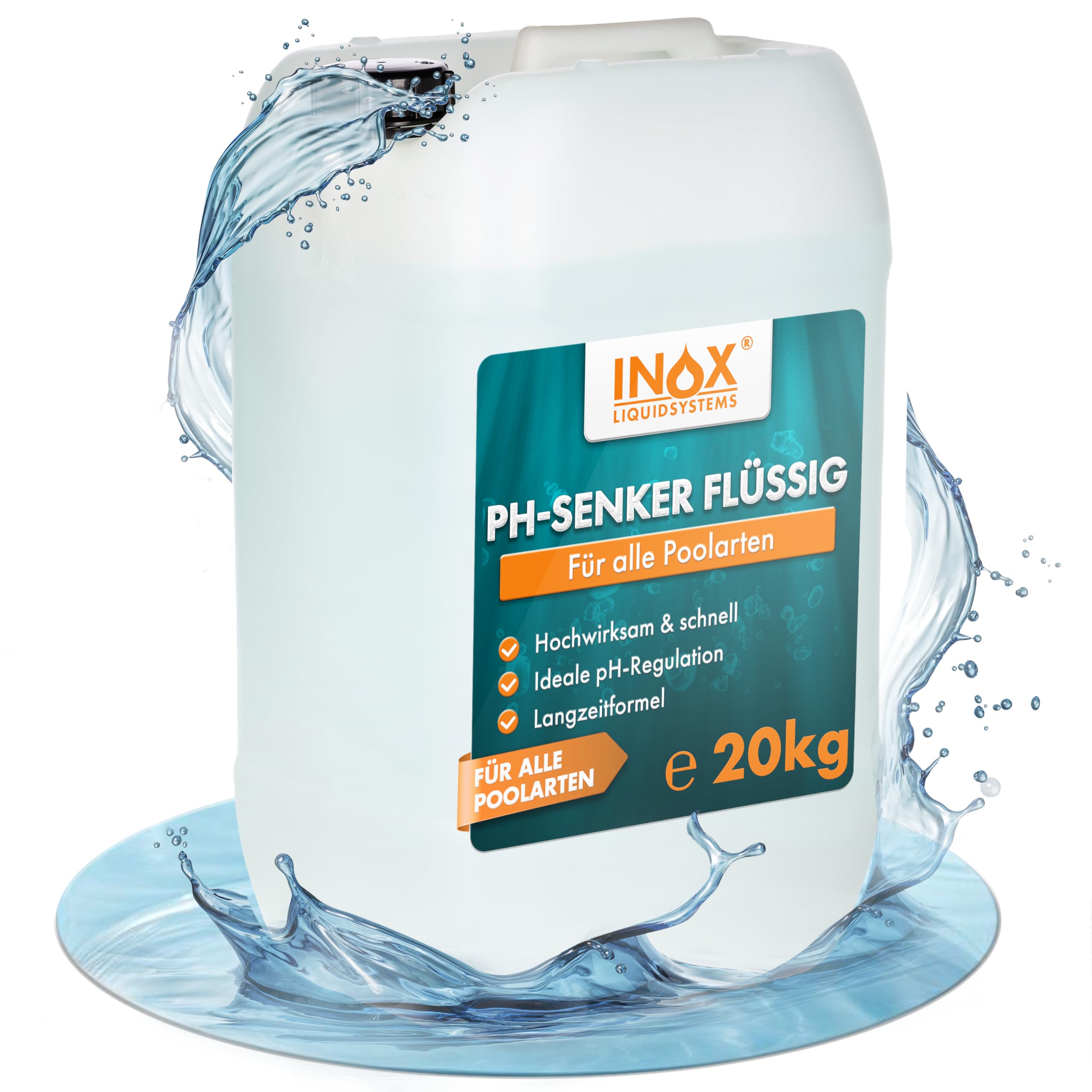 INOX® pH Minus Flüssig 20 kg | effektiver pH-Senker für Pool & Whirlpool | Wasserpflege Made in Germany | Sichere 4,9 %-Formel für Haushalte schützt vor Algen & Hautreizung