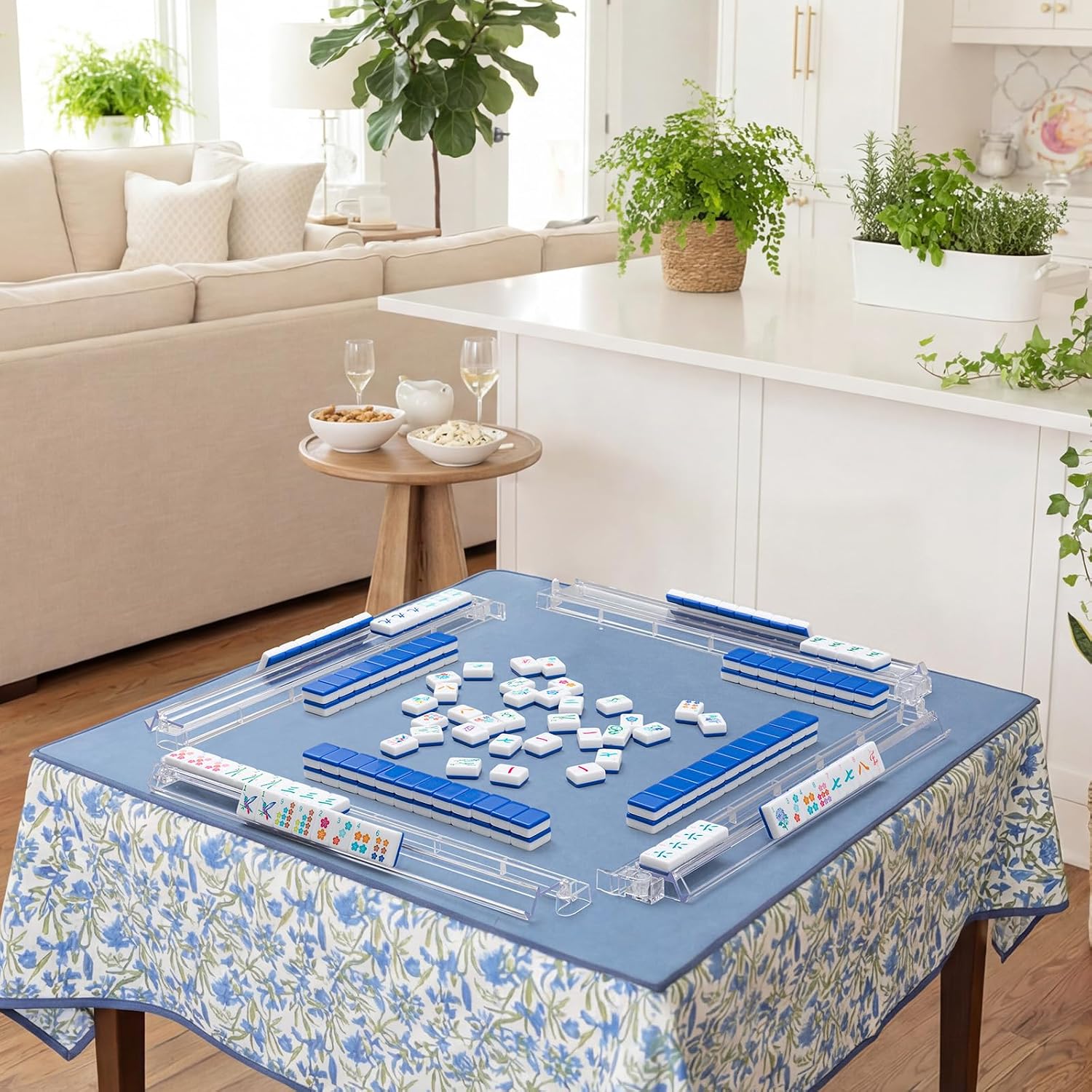Soulchen 1.4 Inch Acrylic Blue American Mahjong Set 168 Blossom Numbered Tiles, Tiles Bag and Portable Case Classic Complete Mahjong Set for Adult Collection Gift