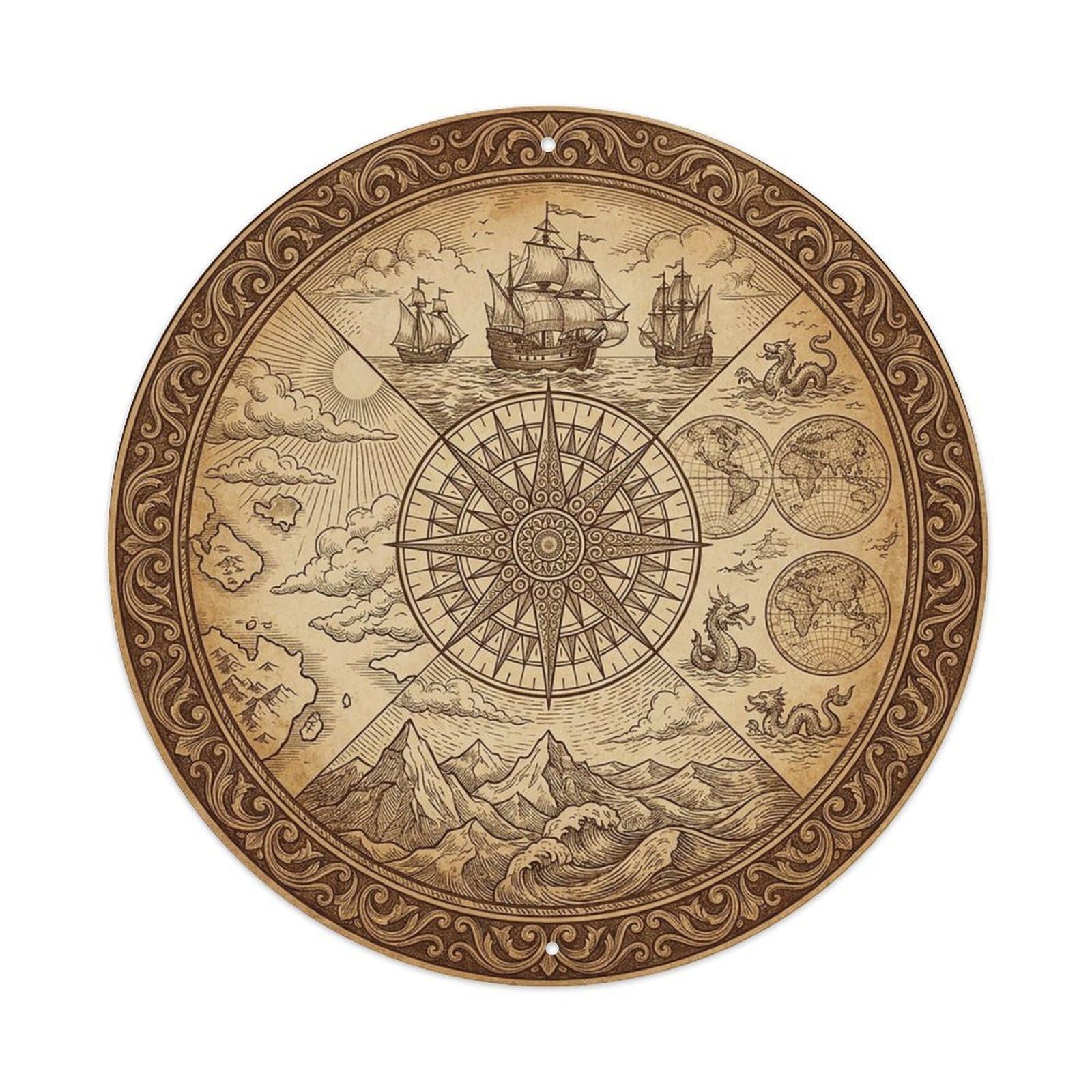Vintage Nautical Compass World Map Sandglass Heritage Metal Tin Sign