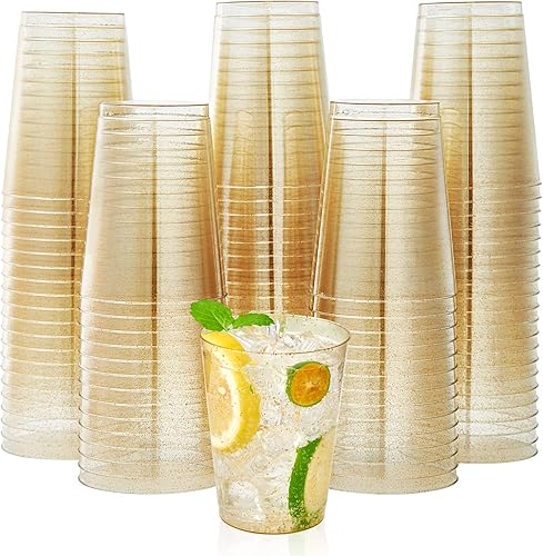 JOLLY CHEF Paquete de 200 vasos de plástico con purpurina dorada de 10 onzas, vasos de plástico desechables, vasos dorados con purpurina adecuados