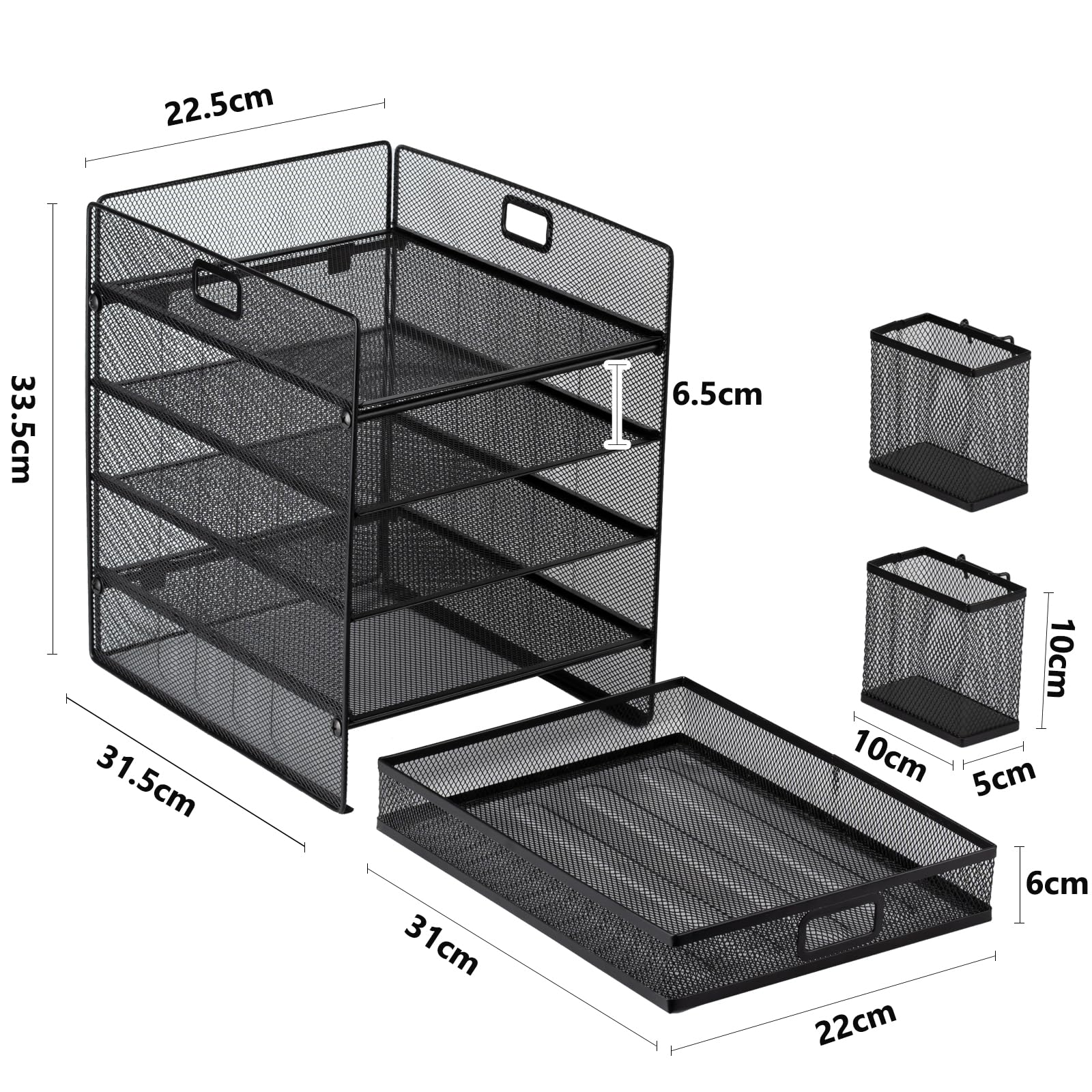 5-Tier Desk Organizer With Drawer & Pen Holder - Mesh Paper Tray, File Holder For Office & Workspace