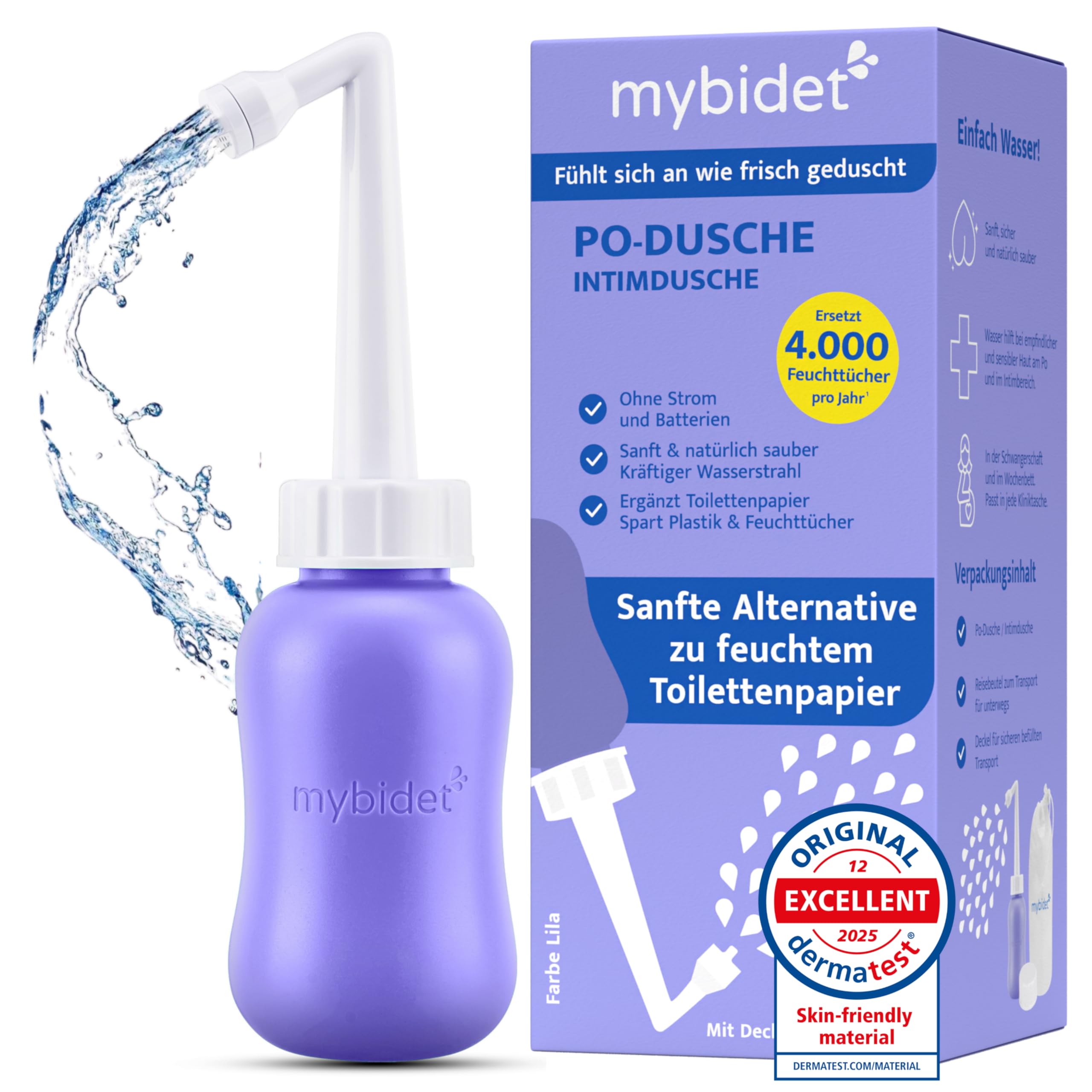 Doccia Intima 3.0 Po con Borsa da Viaggio e Coperchio, Facile da Premere, per Gravidanza, Puerperio, Glutei Doloranti, Bidet o Doccia Popo, Materiali Ecologici e BPA-free, Viola