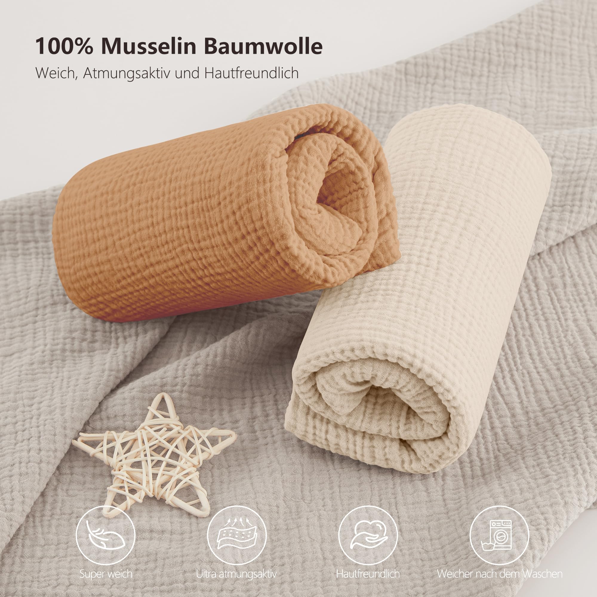 Bearmoss Sábana de Muselina, 100% Algodón, para Colchón Estándar de Cuna y Colchón de Cama Infantil, 60 x 120 cm/70 x 140 cm,Sabana Bajera Cuna Ajustables para Cama Auxiliar (Marrón Claro, 70x140)