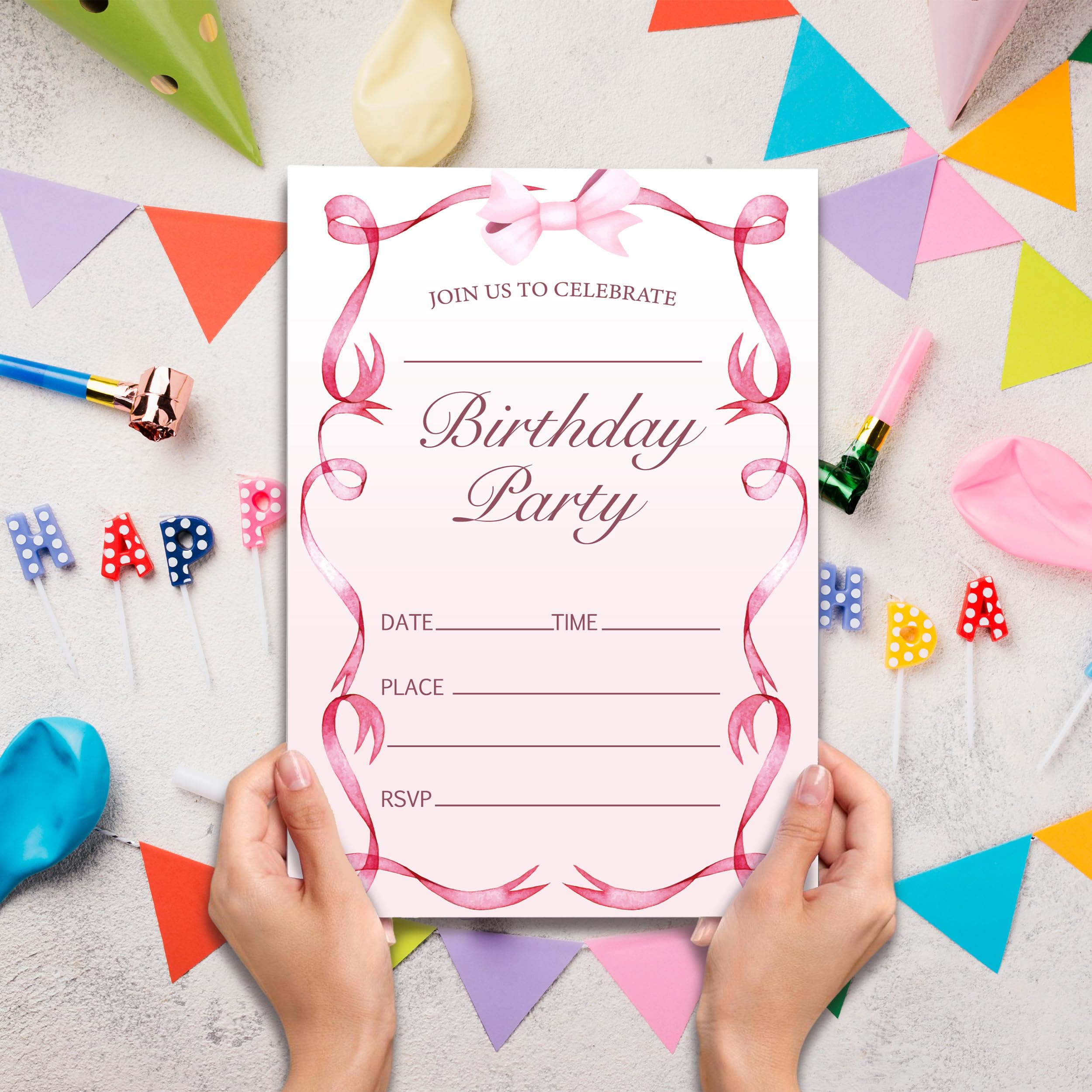 Cartes d'invitation à fête d'anniversaire avec nœud rose pour garçons et filles, cartes d'invitation modernes pour fête d'anniversaire décorations et fournitures, 20 invitations double face à