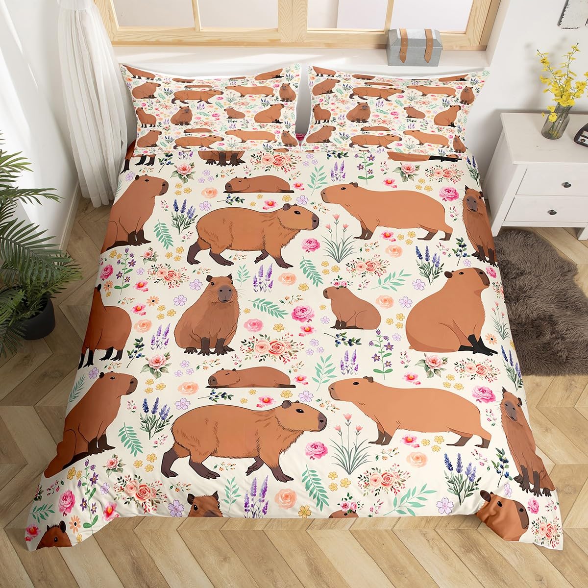 Homewish Capybara Bedding Set For Girls, Florals Surround The Capybara Super King Bed Set, Cute Rodent Animal Duvet Cover For Kids Teens Women Adults Bedroom, Branches And Florals Comforter Cover โ image 1