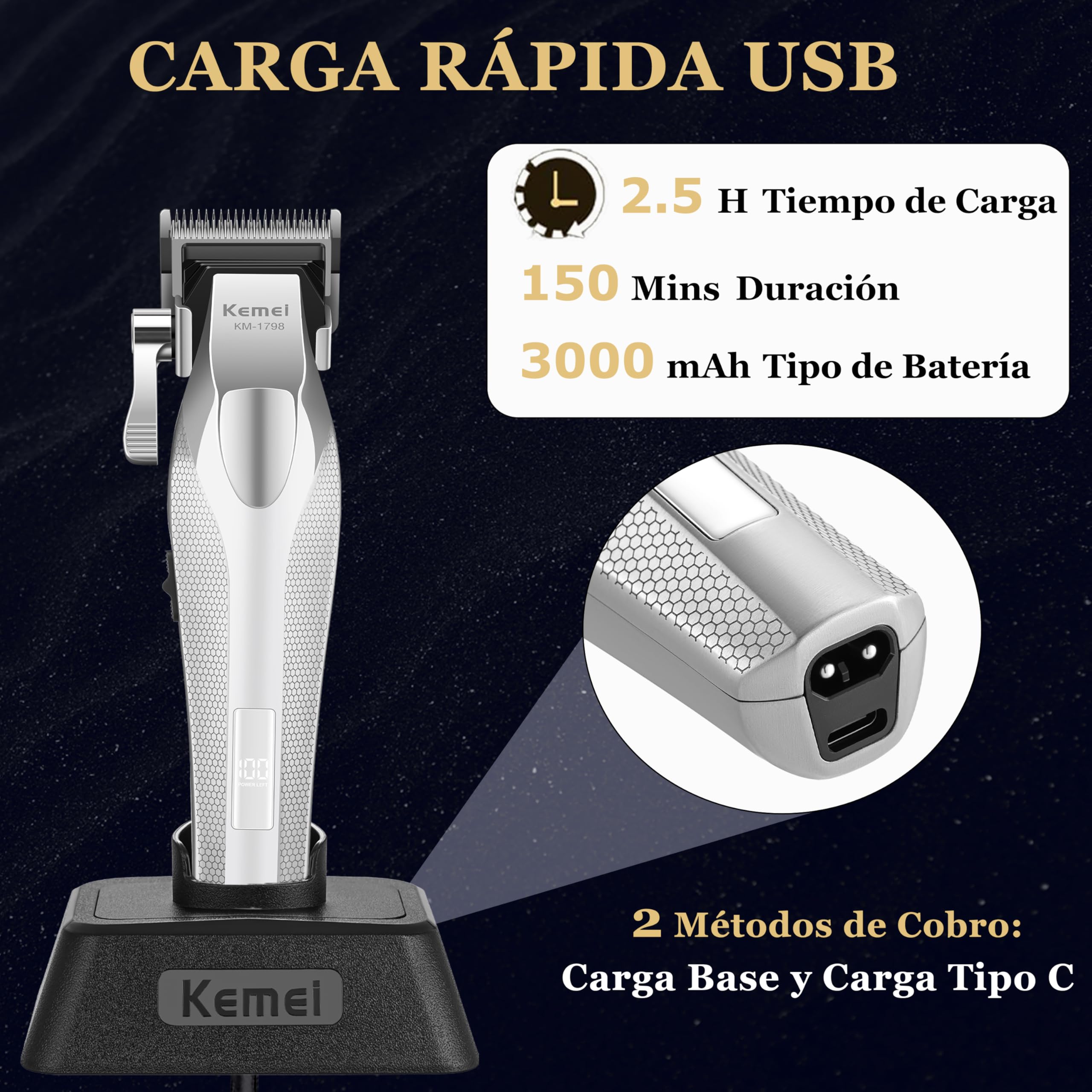 KEMEI Cortapelos profesional 1798 para hombre, cortapelos inalámbrico de 9100 RPM con cuerpo totalmente metálico, batería de 3000 mAh con pantalla LED, cuchillas de cerámica y DLC.