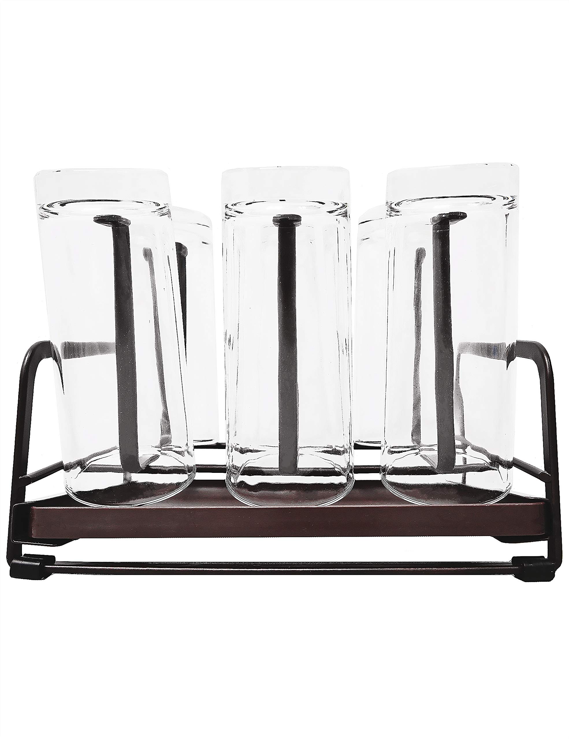 YEAVS Cup Drying Rack with Drain Tray, Bottle Drying Rack Stand with 6 Hooks, Mug Organizer, Brown