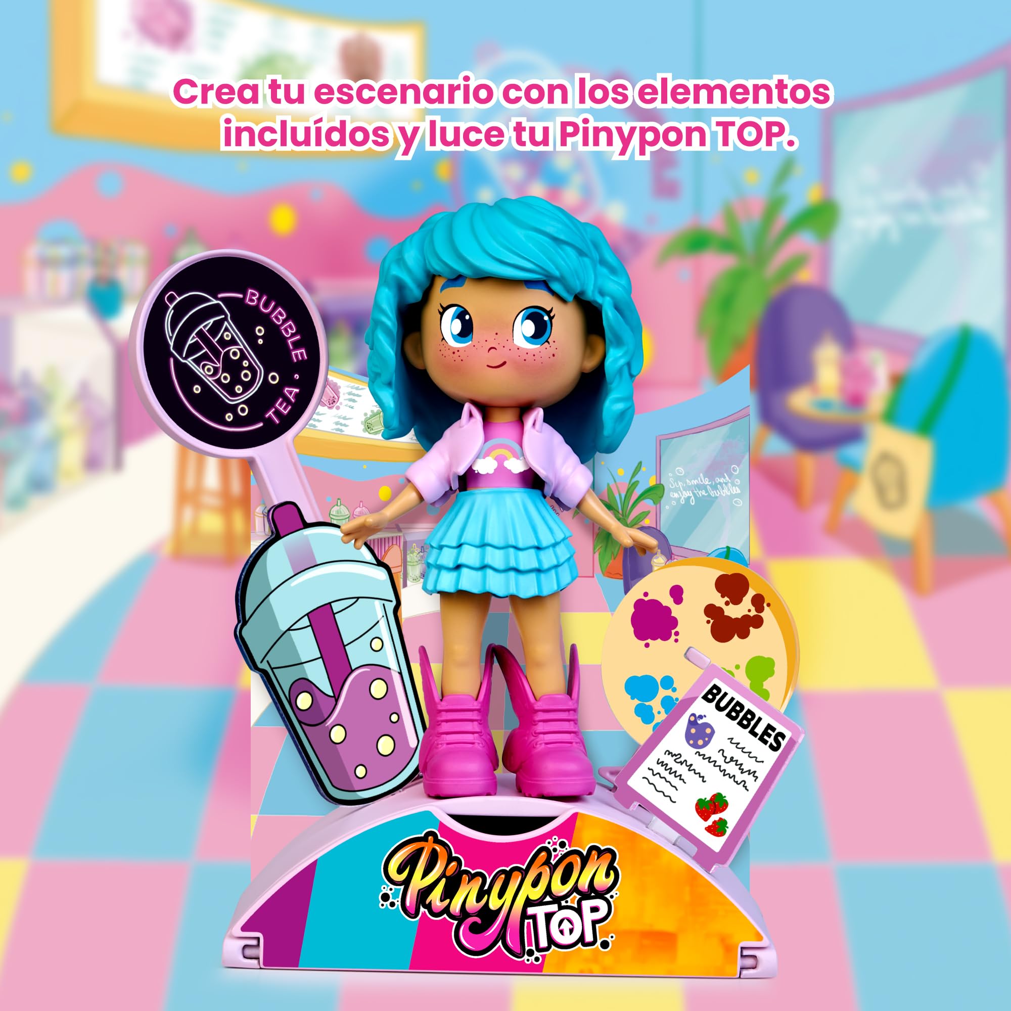 Pinypon TOP Bubble Tea Girl, Chica TOP con Temática Té de Burbujas, Figura Articulada de Brazos y Piernas, Doble Cara y Ropa y Zapatos Intercambiables, Sobre con Accesorios, +4 años, Famosa (PNN01300)