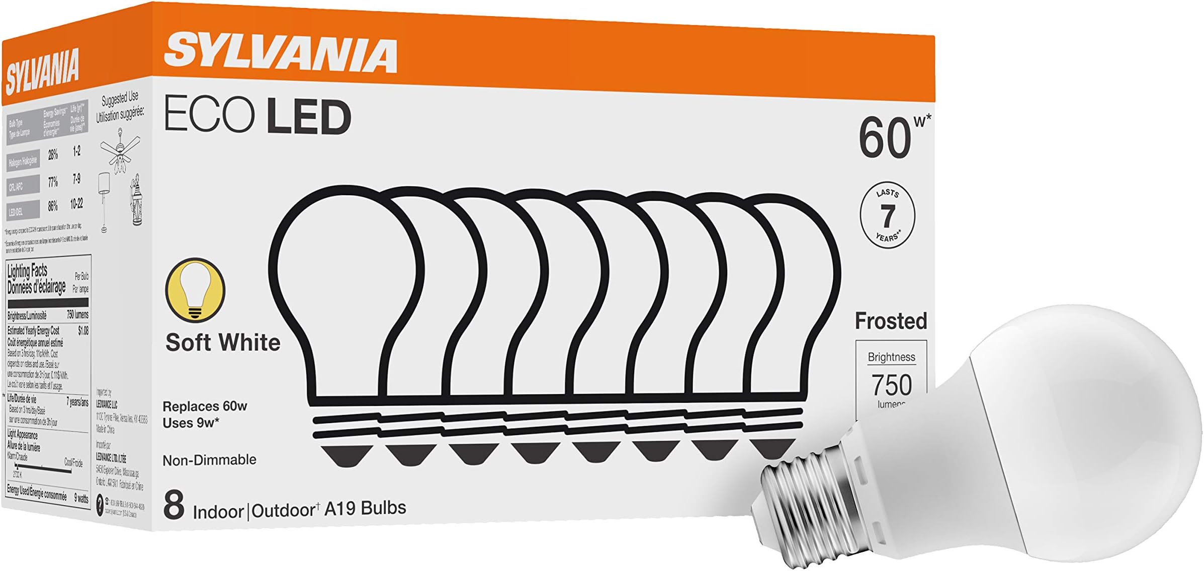 Sylvania 40821 LED A19 60W Equivalent, Efficient 8.5W, Soft White Color Temperature 2700K, 8 Pack