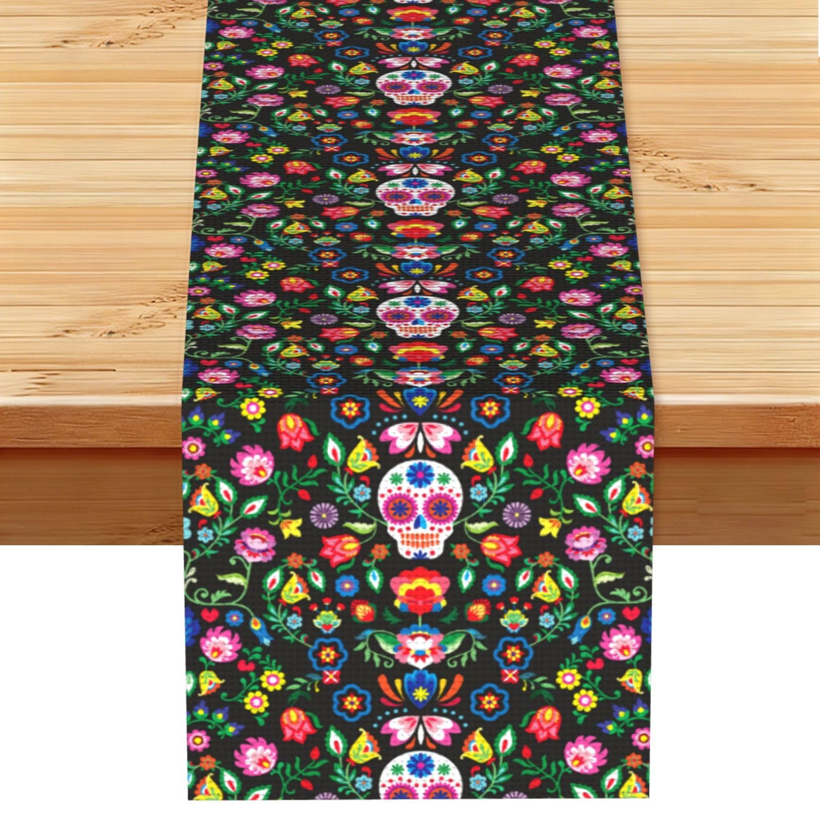 Sugar Horror Skull and Flowers Multi Purpose Table Runner for Home Decor, Printed Table Cloth for Kitchen Table, Countertops & Dining Area