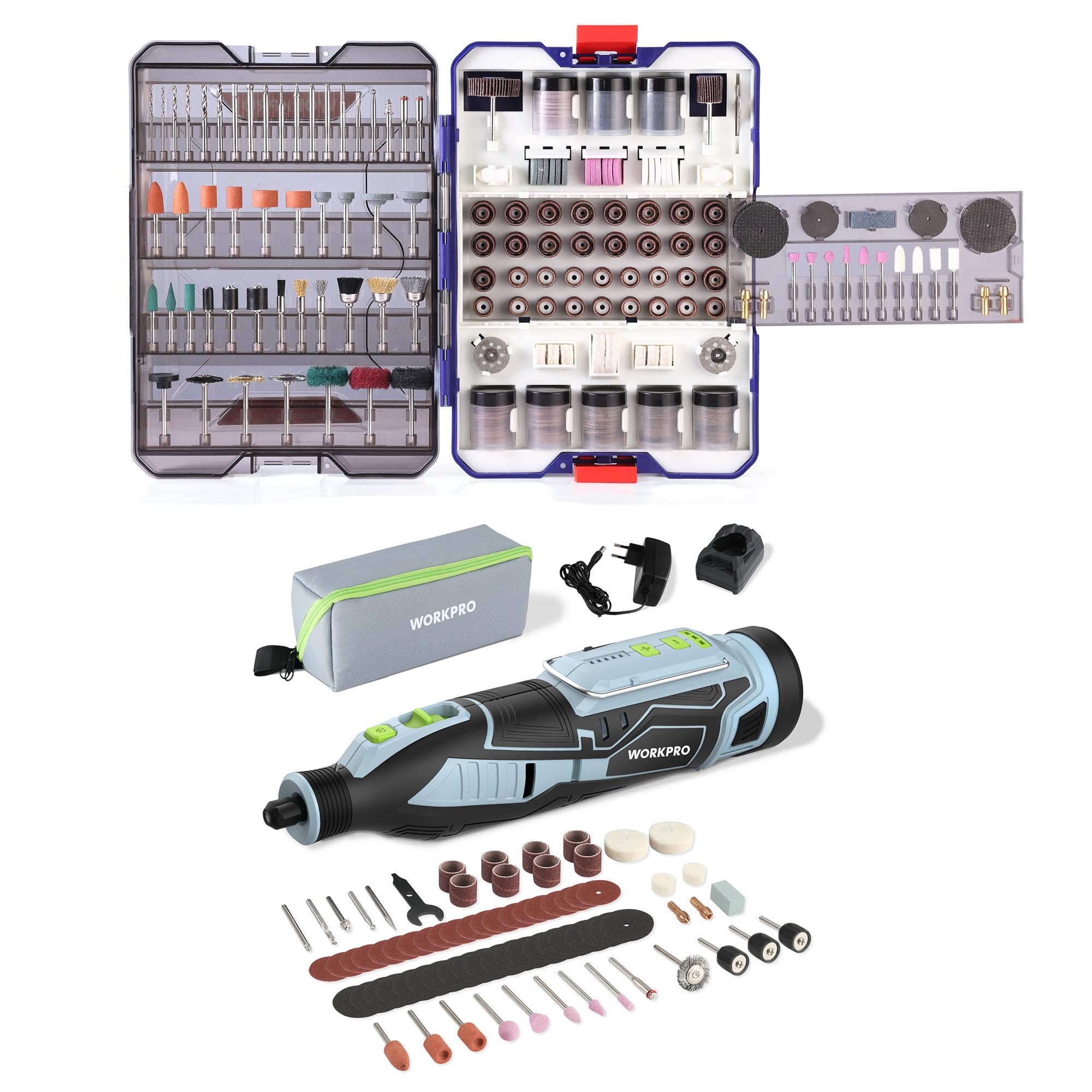 WORKPRO Amoladora Inalámbrica, Multiherramienta 12V, Herramientas Rotatorias Multifunción con 114 Accesorios y Kit de 698 Accesorios Multifunción