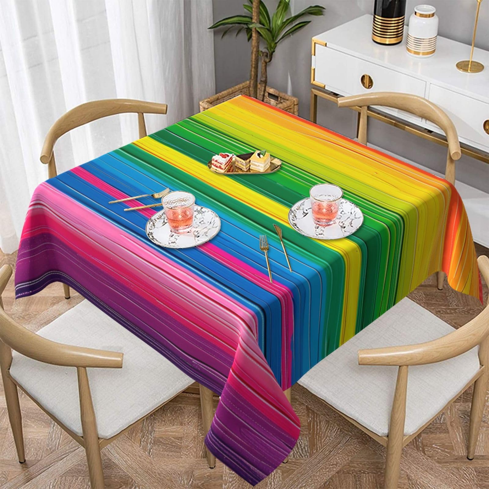 WPKJU Rainbow Color Stripe Printed Square Tablecloth 60x60 inch Water Resistant Table Cover Washable Rectangle Table Cloth for Dining Tables