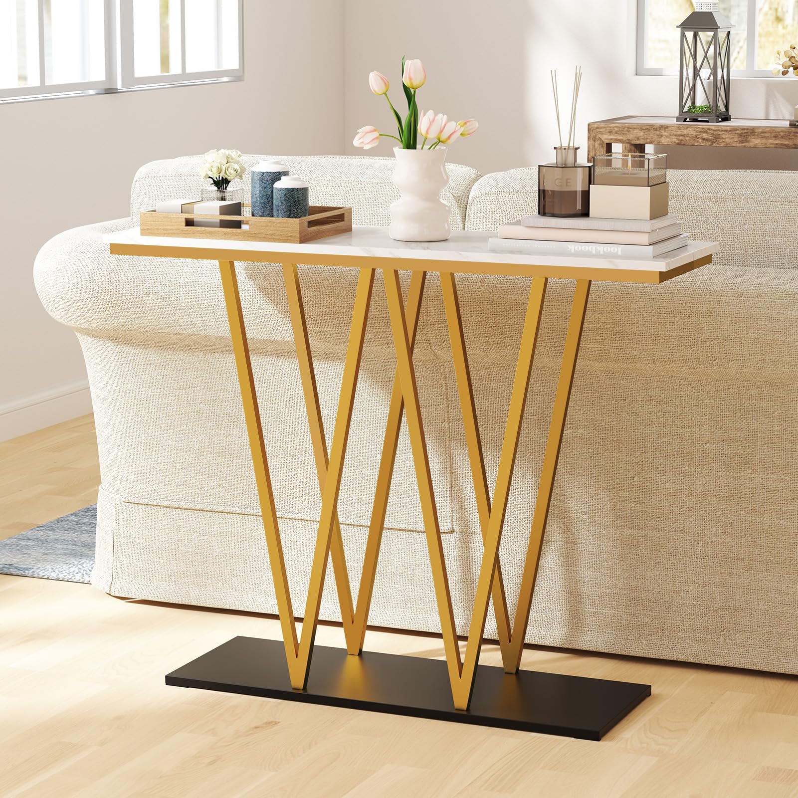 LIFEZEAL Table Console avec Plateau en Marbre Imité, Table d'Entrée Cadre en Métal, Meuble Console Moderne pour Salon, Entrée, Couloir, 100 x 30 x 79 cm (Style 3, Blanc)
