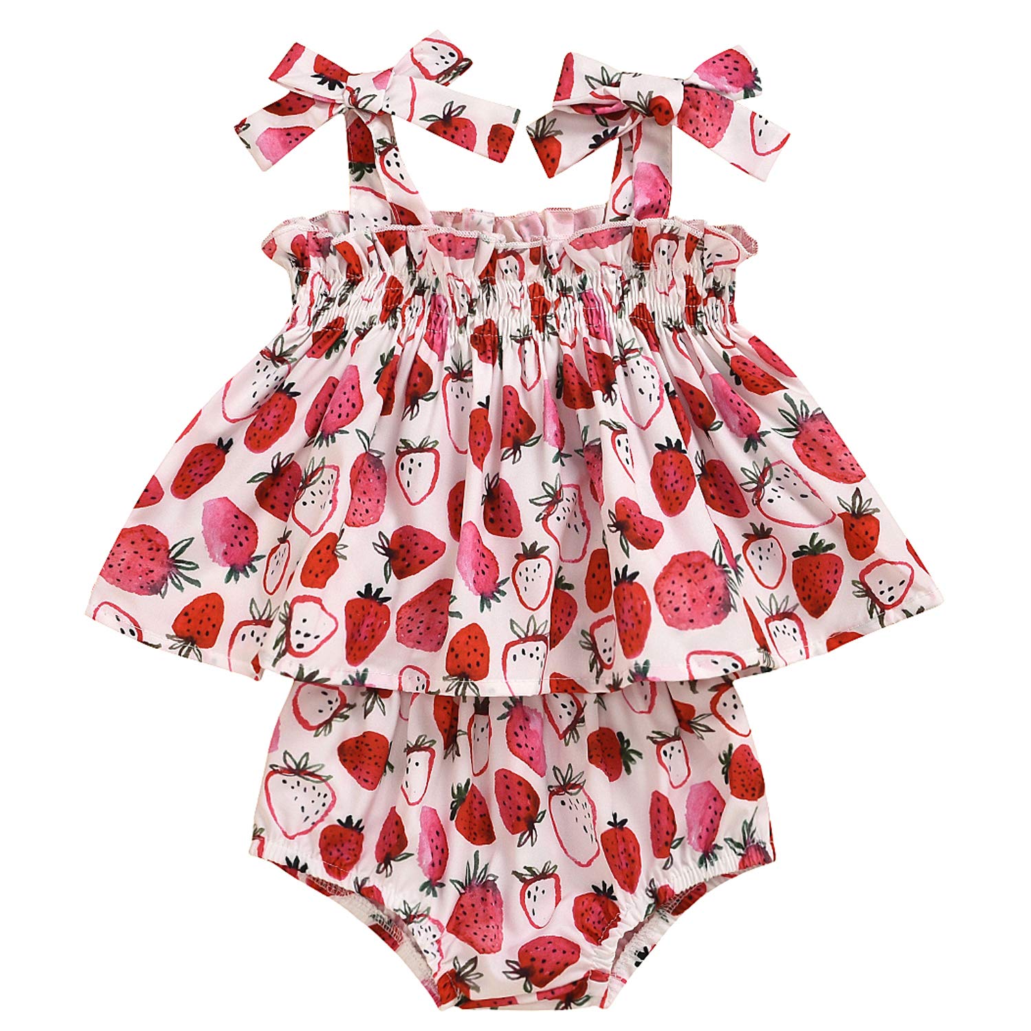 GRNSHTS Baby Girl Summer Shorts Set Strawberry Print Sling Ruffle Shirt+Fruit Diaper 2Pcs Outfits (Strawberry, 6-12 Months)