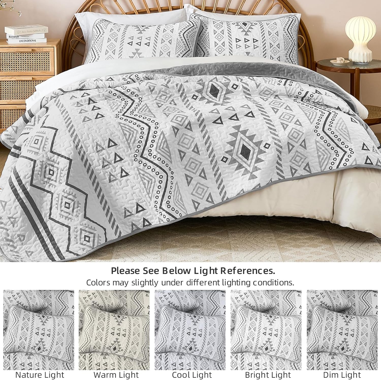 Drucon Boho Queen Size Aztec Quilt Set 3 Pieces Grey Ultra Soft Lightweight Quilt Beddding Set, Microfiber Bohemian Bedspread Coverlet Set with 2 Pillowcases for All Season (Queen, 90"x96") - Image 6