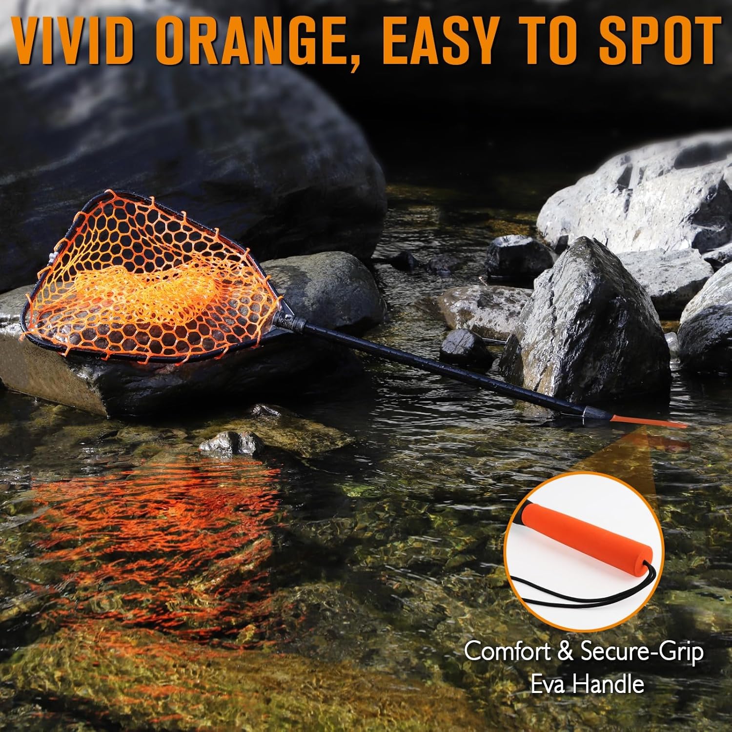 Dovesun Rubber Fishing Landing Nets Telescopic Handle Nets Folding Nets with Collapsible Handle for Catch & Release Fishing Gift 17.6" dia-13.7" Depth Black/Orange