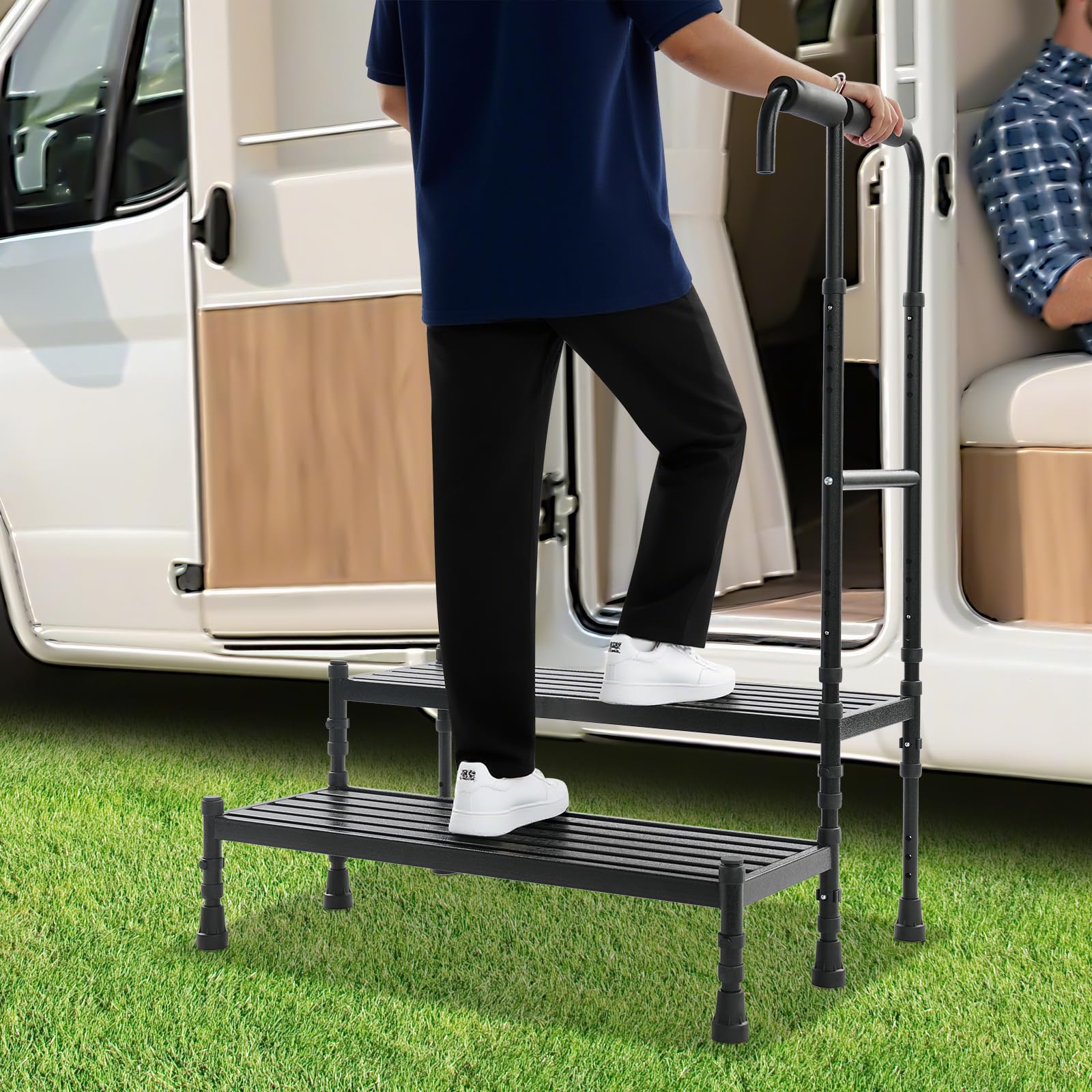 Scala a 2 gradini con manico di sicurezza elevato, gradino per camper e casa in acciaio al carbonio, antiscivolo con ampia superficie per cucina, biblioteca garage