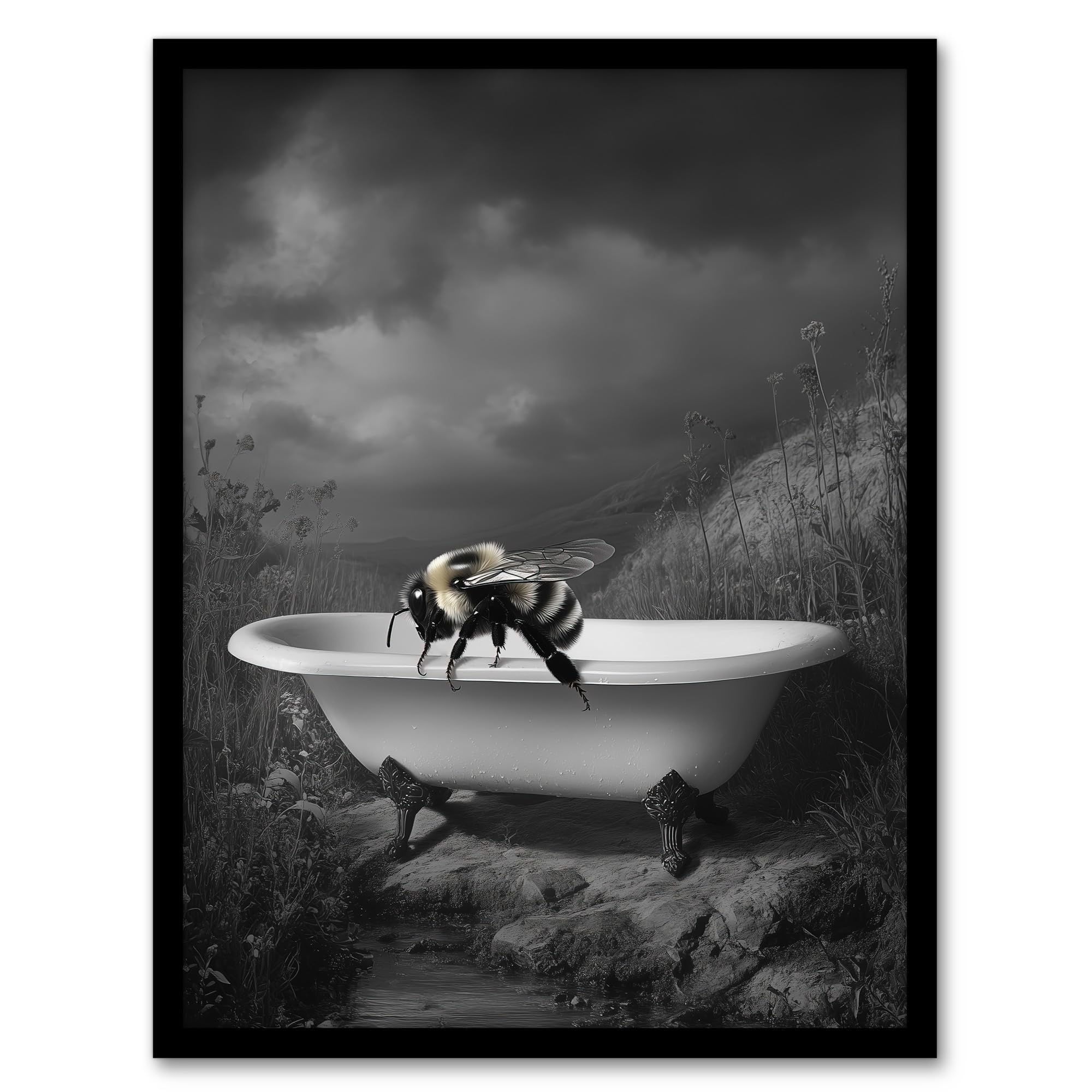 Artery8 Bumblebee Riverbank Bathtub Black White Surreal Bathroom Toilet Artwork Framed Wall Art Print A4