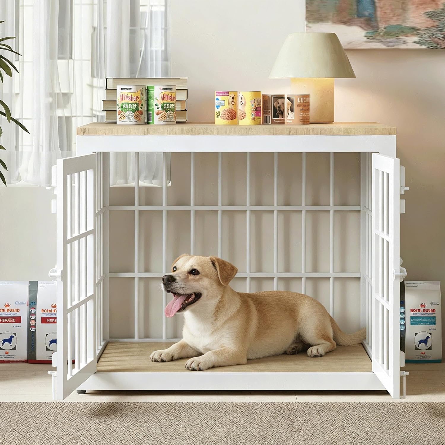 26 Inch Heavy Duty Dog Crate Furniture for Small Dogs, Decorative Pet House End Table, Wooden Cage Kennel Furniture Indoor, White and Natural