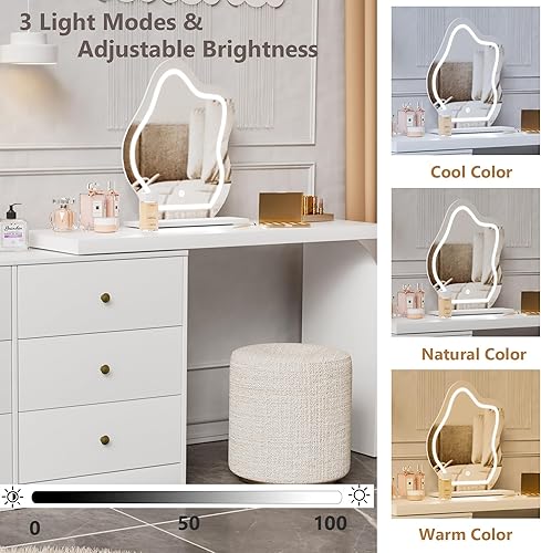 Miniatura 8 de PakaLife Escritorio de tocador con espejo iluminado, mesa de tocador extensible con 6 cajones, 3 modos de iluminación de color brillo ajustable,