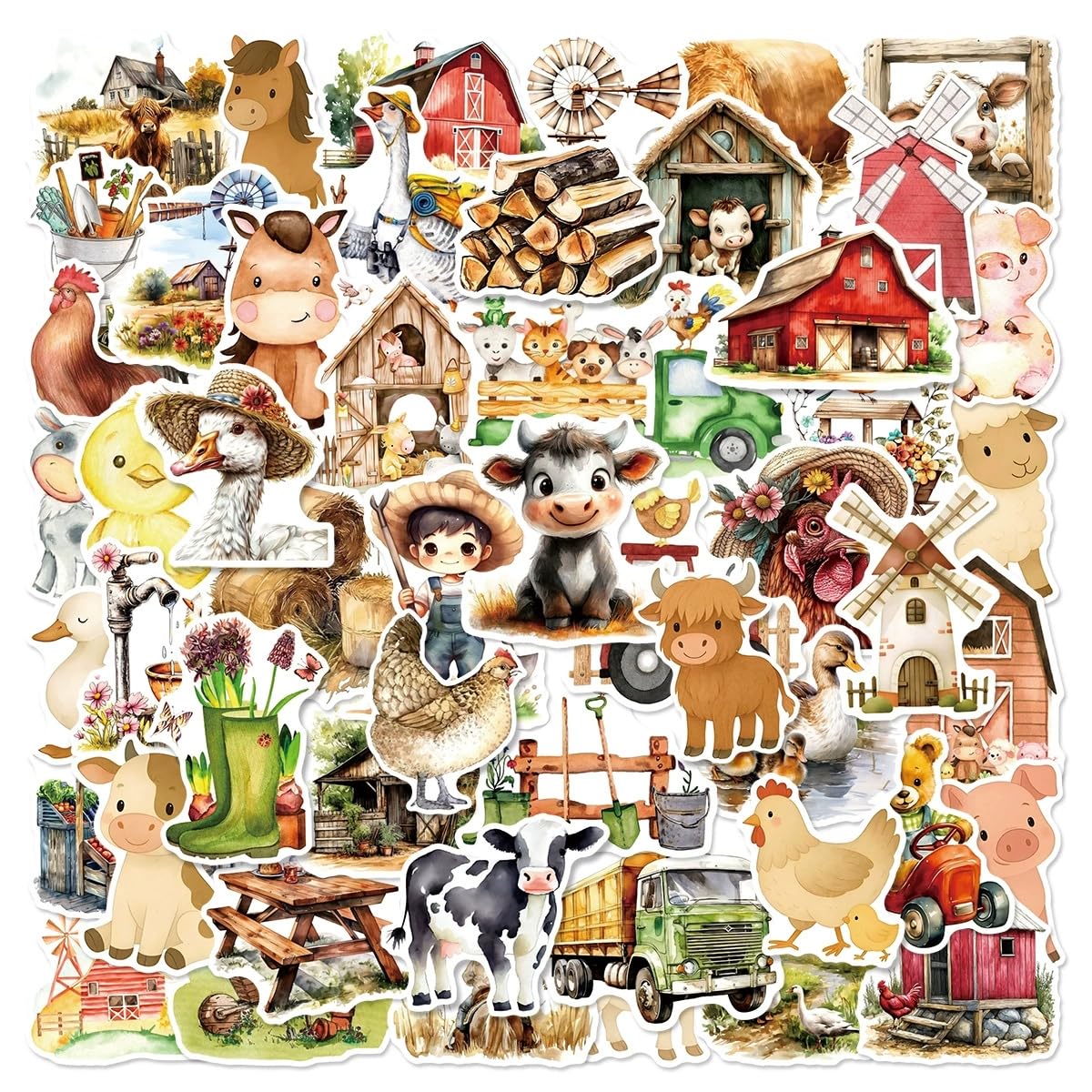 50 Pcs Cartoon Farm Stickers for Kids Teens Adults Boys Girls Gift,Farm Animal Stickers Pack for Laptop,Skateboard,Luggage,Car,Bike,Cup,Computer,Water Bottle Decor,Vinyl Waterproof Decals
