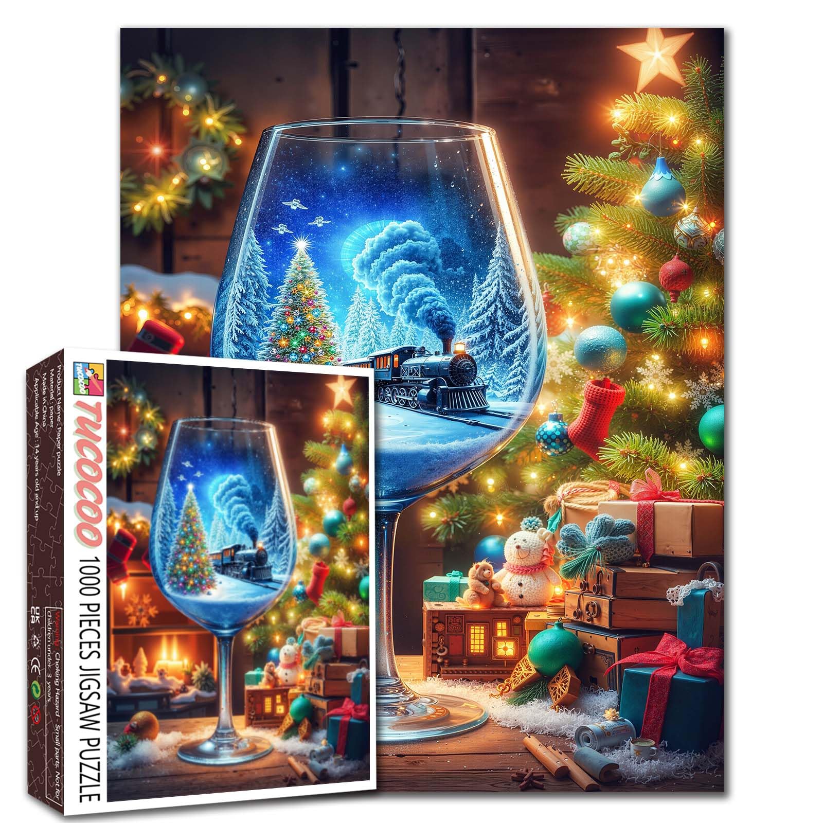 Jigsaw Puzzles 1000 Pieces for Adults-Christmas Scene Hardboard Puzzle-Challenging Puzzle Perfect for Game Nights-DIY Home Wall Decor-Snowflakes -Christmas Train Wine Glasses Art Puzzle 27" x 20" — image 1