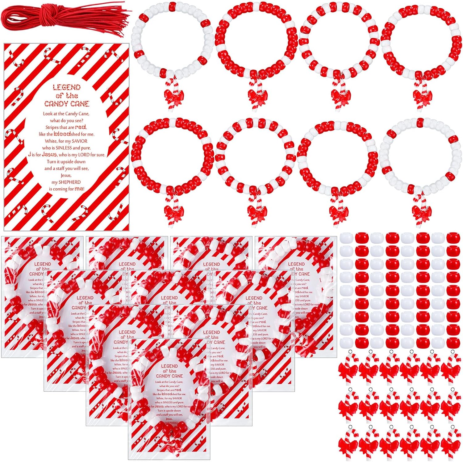 Ferreve 100 Set Christian Christmas Crafts Bulk DIY the Legend of the Candy Cane Crafts for Bracelets Religious Candy Cane Story Gifts for Xmas Stocking Suffer Sunday School Party Favor (Divine Style)