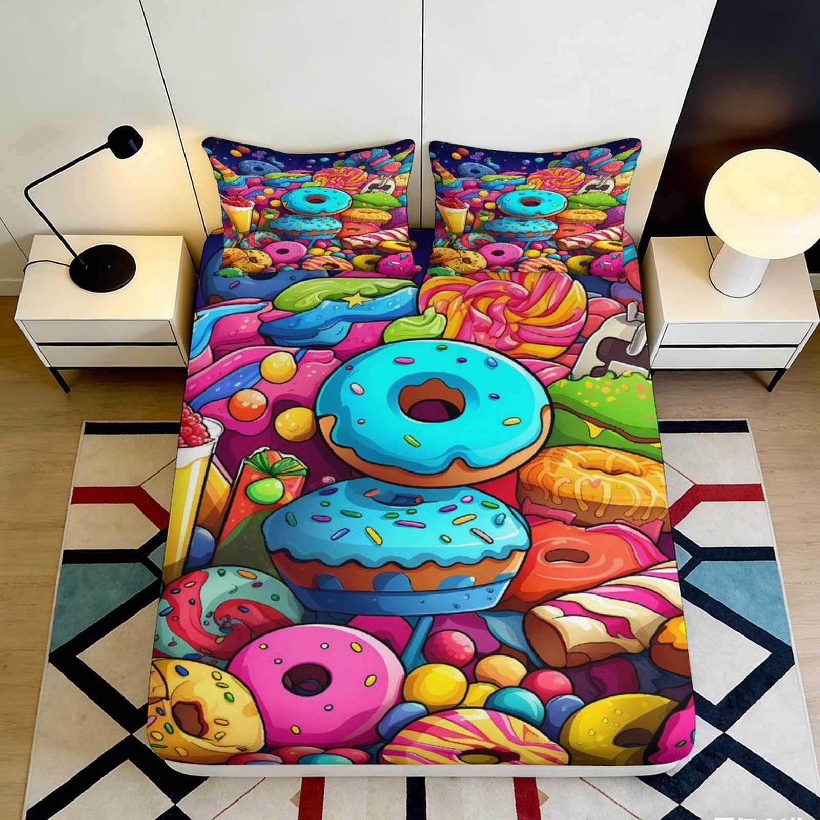Jqzkxnhpbr Style-2 3D Printed Colourful Donut Candy Fitted Sheet Microfiber Soft Bed Cover For Bedroom Dorm Mattress Protection Decor 90X200x25cm