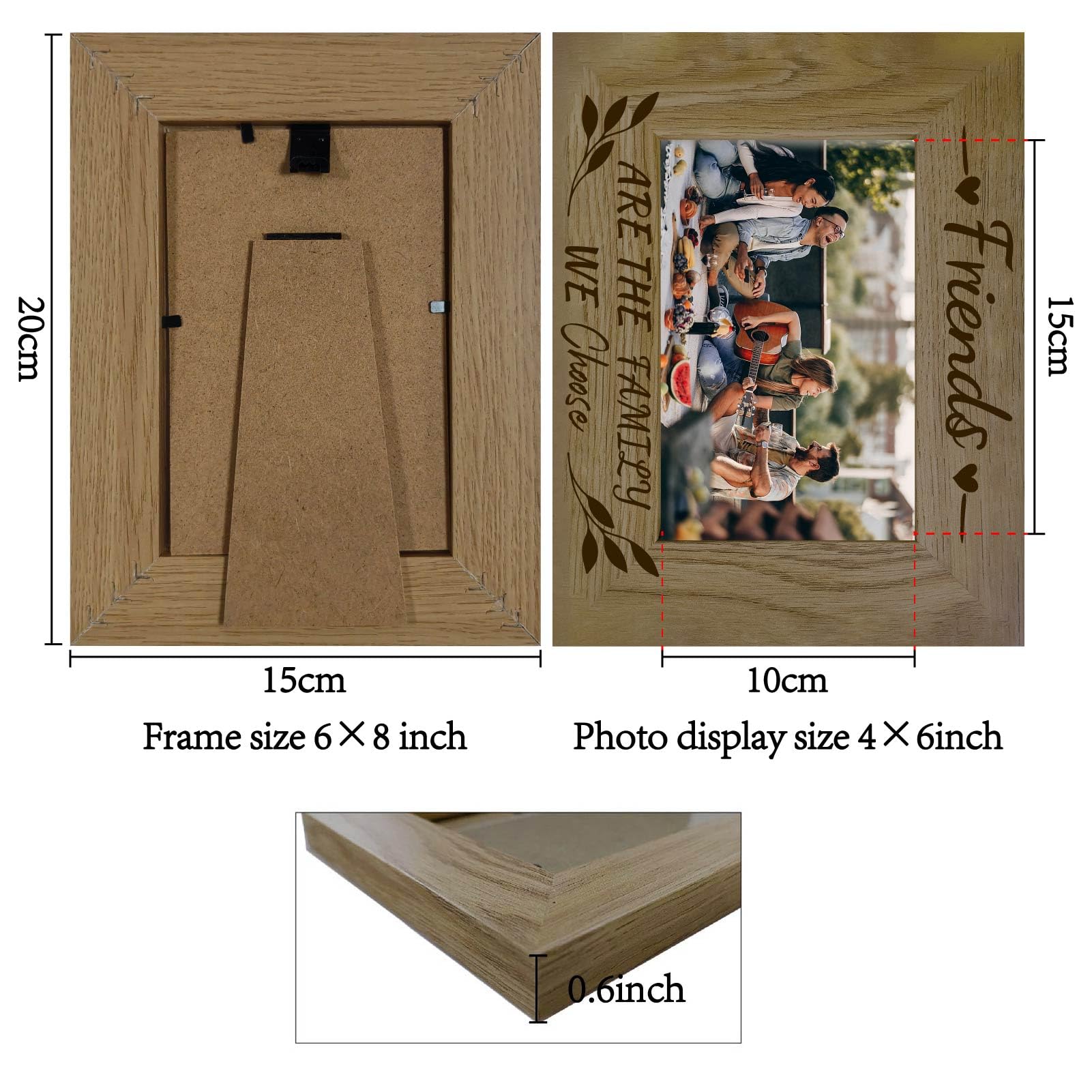 CREATCABIN Friends Picture Frame Wood Photo Frame Holds Display Pictures 4x6 Wall Mounting Brown Printing Poster Frame Stand for Gallery Tabletop Memorial Gift 6x8Inch-Friends Are the Family We Choose - Image 2