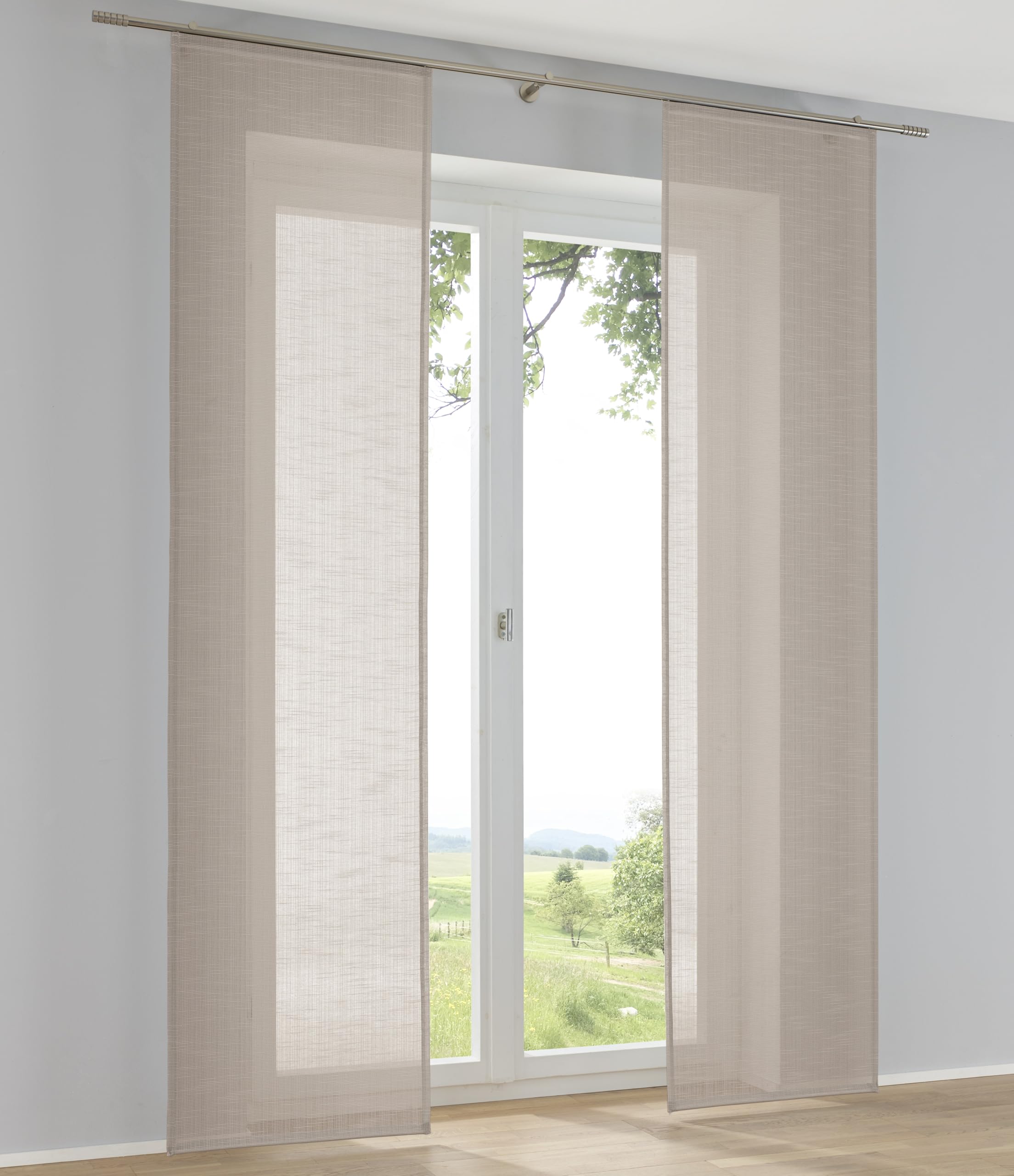 Kutti 2er Set Schiebegardinen Raumtrenner Boston Taupe Leinenoptik Schiebevorhänge mit Paneelwagen B 60 x H 245 cm