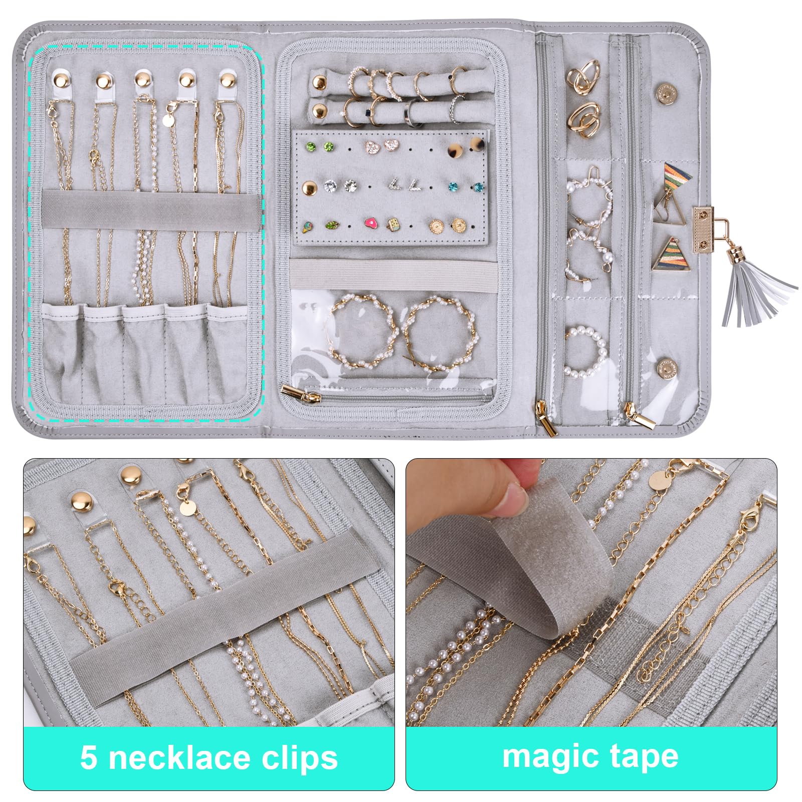 Organizer Da Viaggio Per Gioielli Pieghevole - Borsa Impermeabile Per Collane, Orecchini, Anelli (Nero) - Foto 2