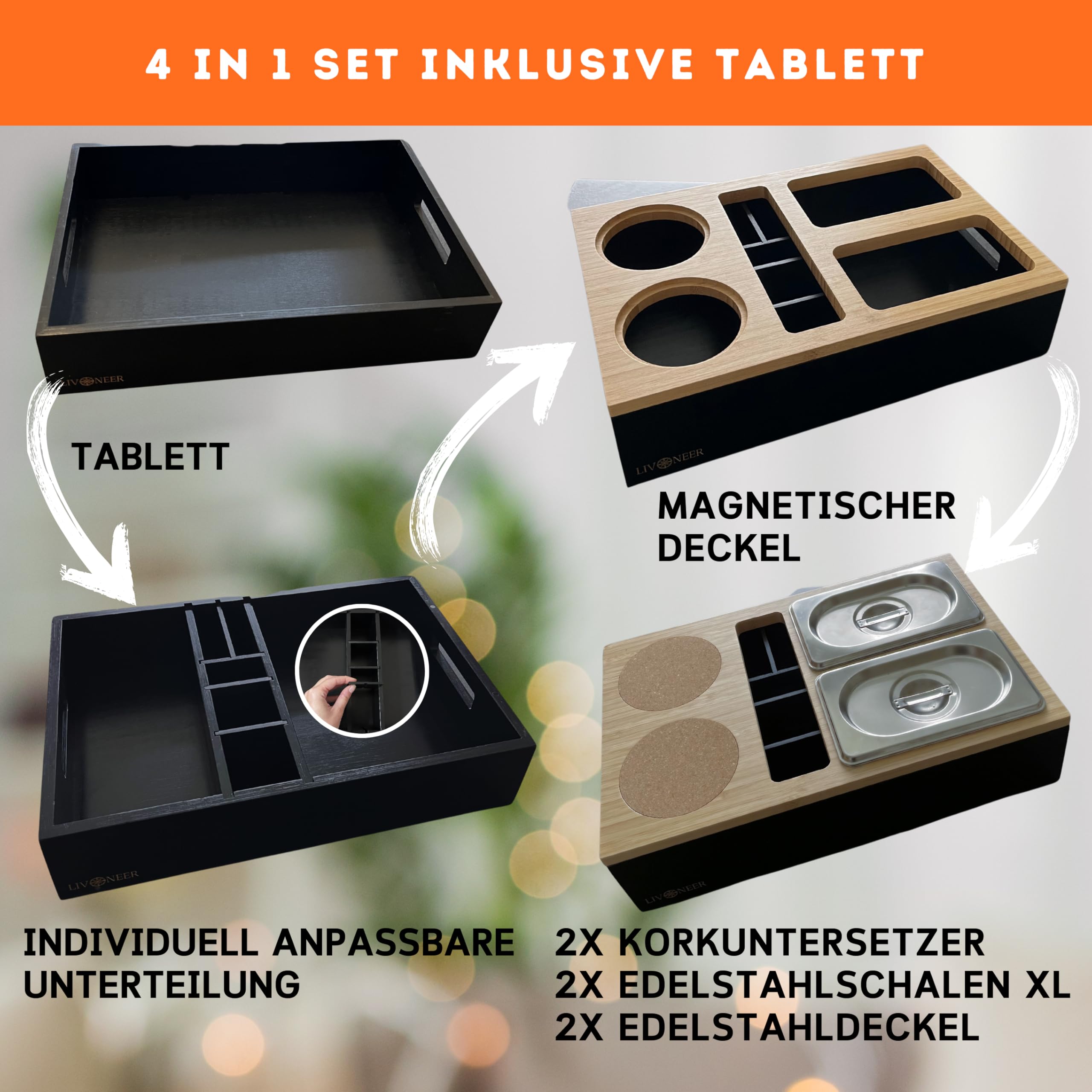 Couchbar Robuste Premium Snackbox I Einteilbares Tablett inkl. abnehmbarer Deckel, 2XL Snackschalen, Getränkehalter mit Untersetzer & Handyhalterung Couch für gemütliche Abende, Geschenkbox