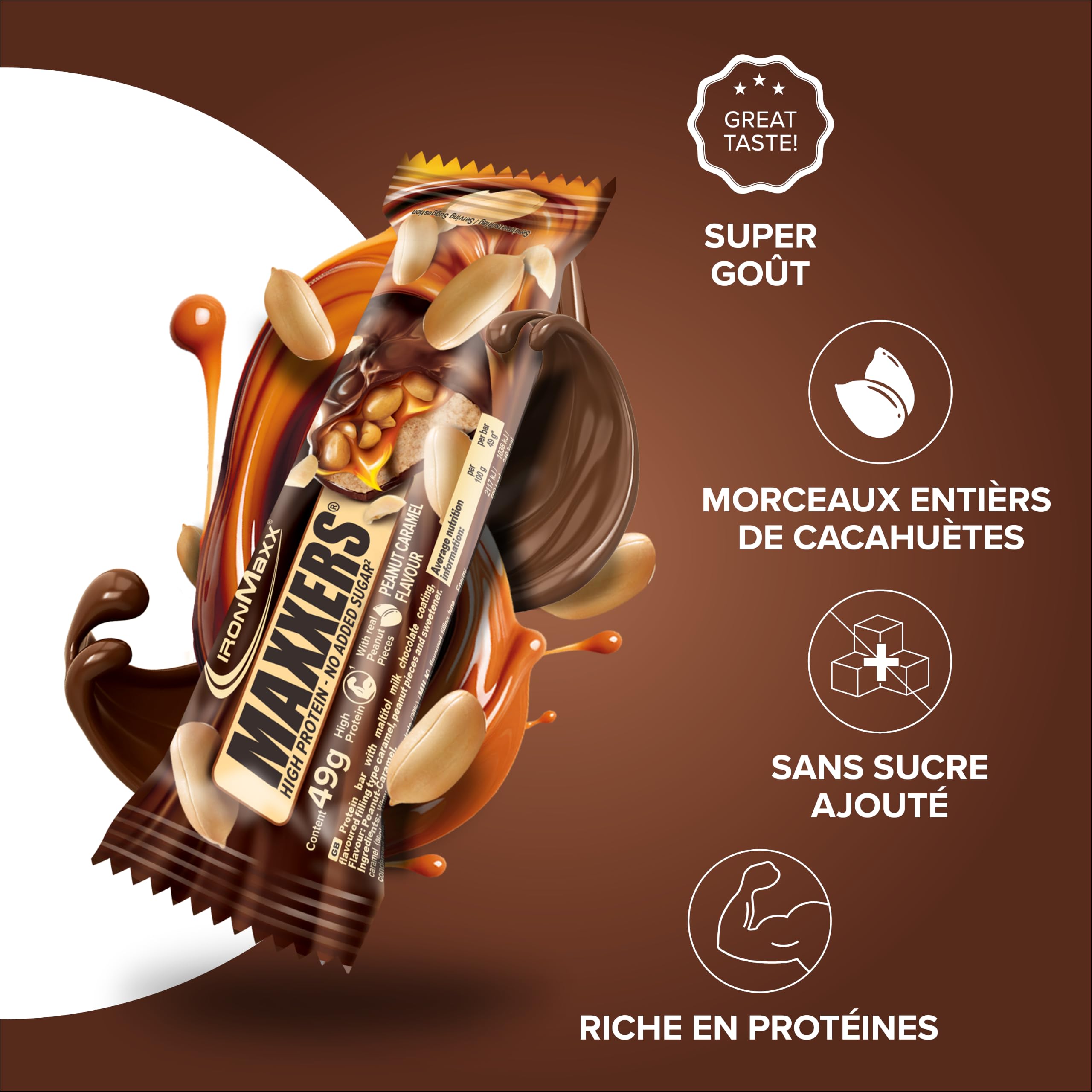 IronMaxx Barre protéinée Maxxers Peanut Caramel – 24 x 49 g – barre protéinée, protein bar, snack protéiné sans sucres ajoutés, collation sportive fitness