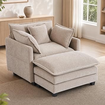 40 Oversized Chair with Ottoman, Luxury Chenille Accent Chair Single Sofa, Upholstered Deep Seat Chaise Lounge with Three Pillows for Living Room, Bedroom, Apartment, Camel