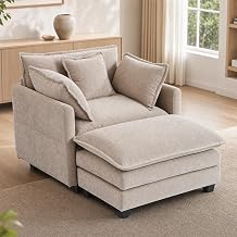 40'' Oversized Chair with Ottoman, Luxury Chenille Accent Chair Single Sofa, Upholstered Deep Seat Chaise Lounge with Three Pillows for Living Room, Bedroom, Apartment, Camel