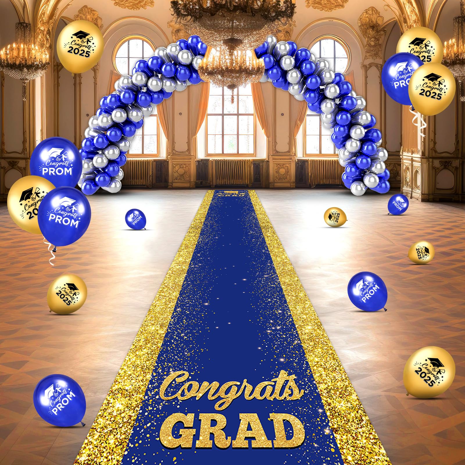 Blue Carpet Runner for Party, 10 x 2.6ft, Blue Gold Graduation Prom Decorations Polyester Fabric Runway Rug for Prom Party Decor Blue Aisle Runner for