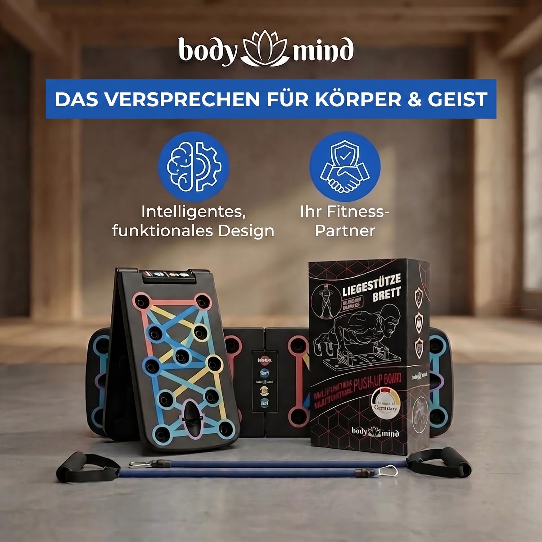 Body & Mind® Push-Up Liegestütz-Brett; Faltbares Multifunktions Elite Rack Fitness-Board für Ganzkörper-Training & Effektive Liegestützen; Liegestütz-Griffe mit Gratis Trainingsbänder & E-Book