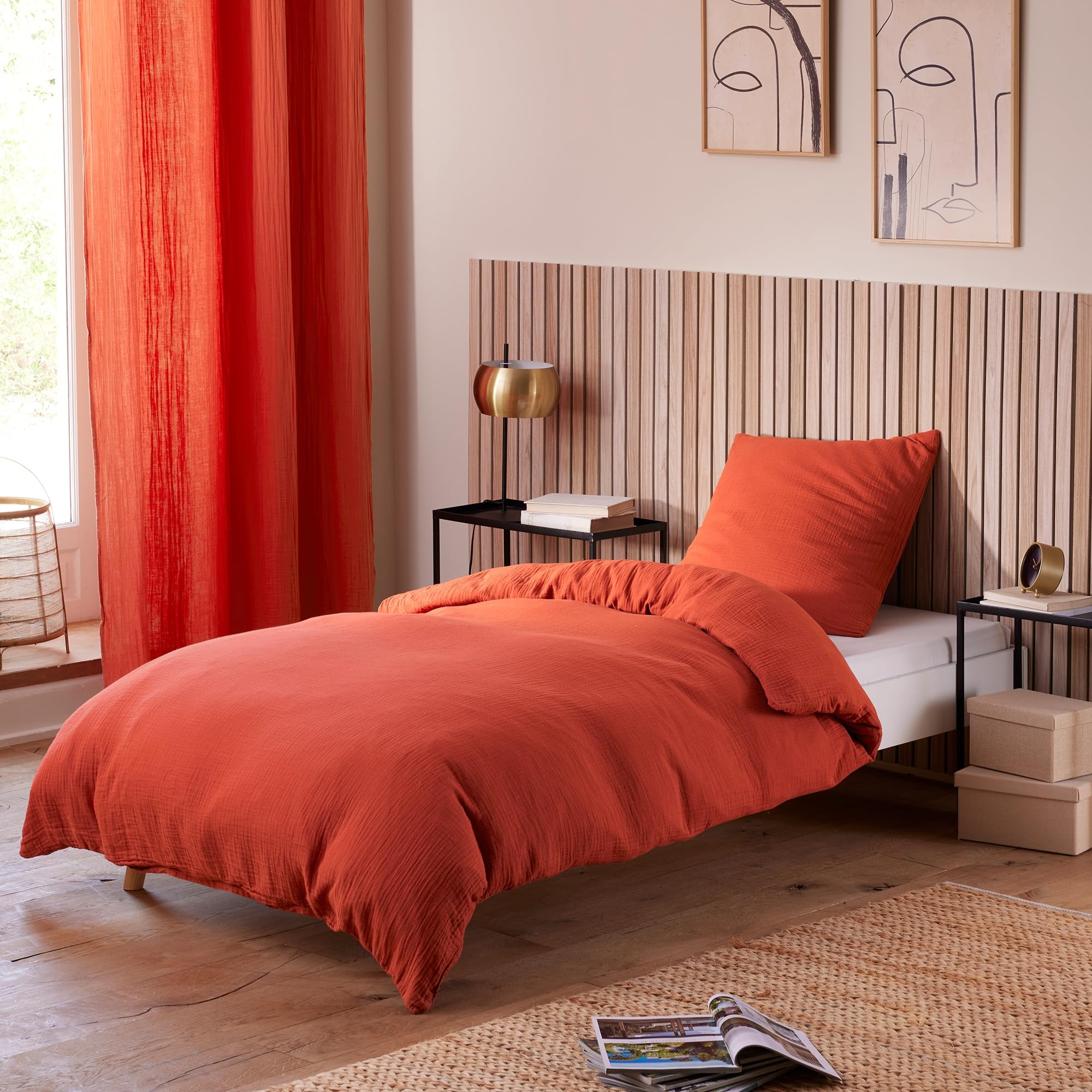 univers decor Parure de draps Noah Gaze de Coton pour lit 1 Place (Terracotta, Parure 3P pour lit 90 x 190 cm)