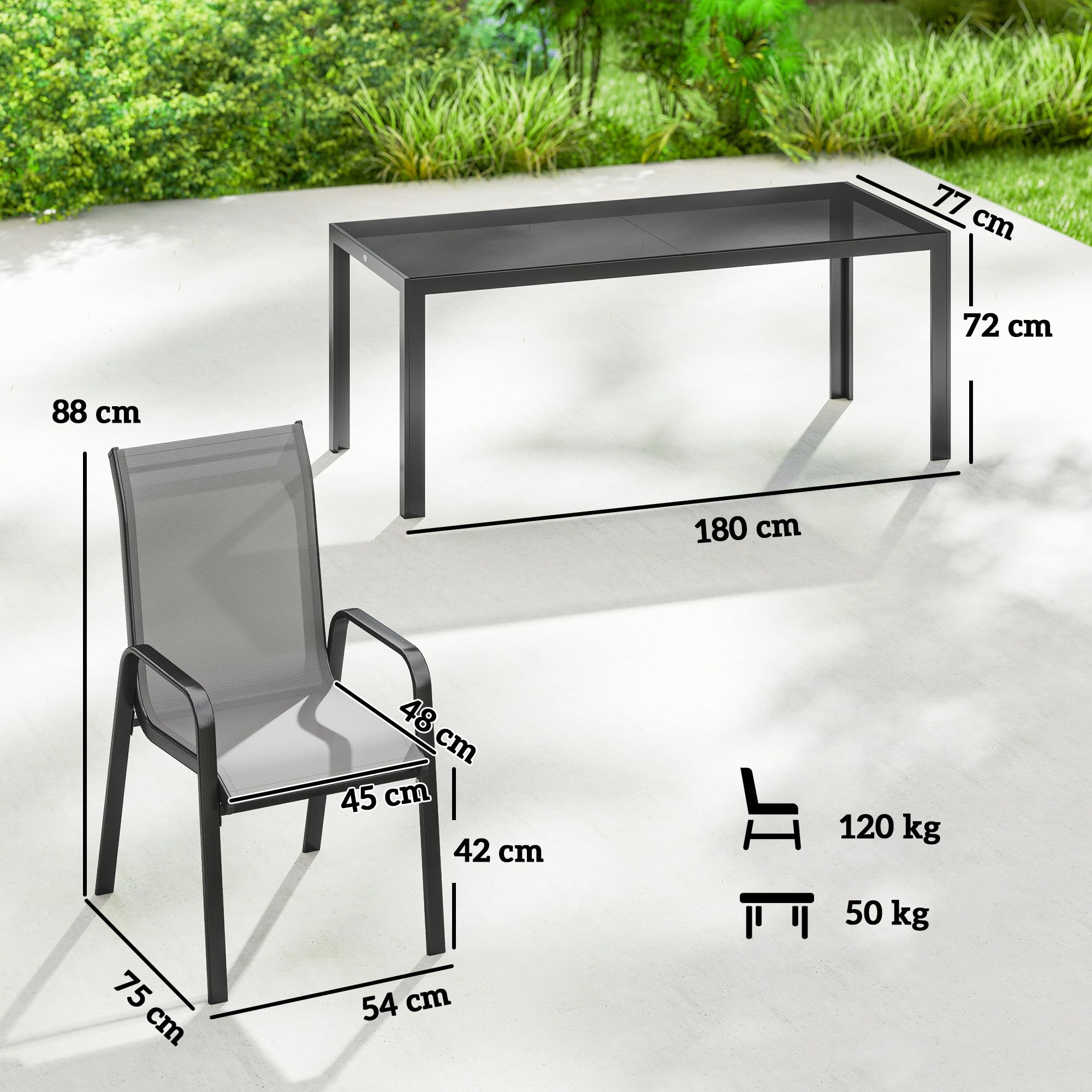 Outsunny Set Tavolo e Sedie da Giardino 9 Pezzi, Set Pranzo Esterno con Tavolo in Vetro Temperato, 8 Sedie Impilabili in Texteline, Set Mobili da Giardino per Terrazza Balcone Patio, Grigio Chiaro