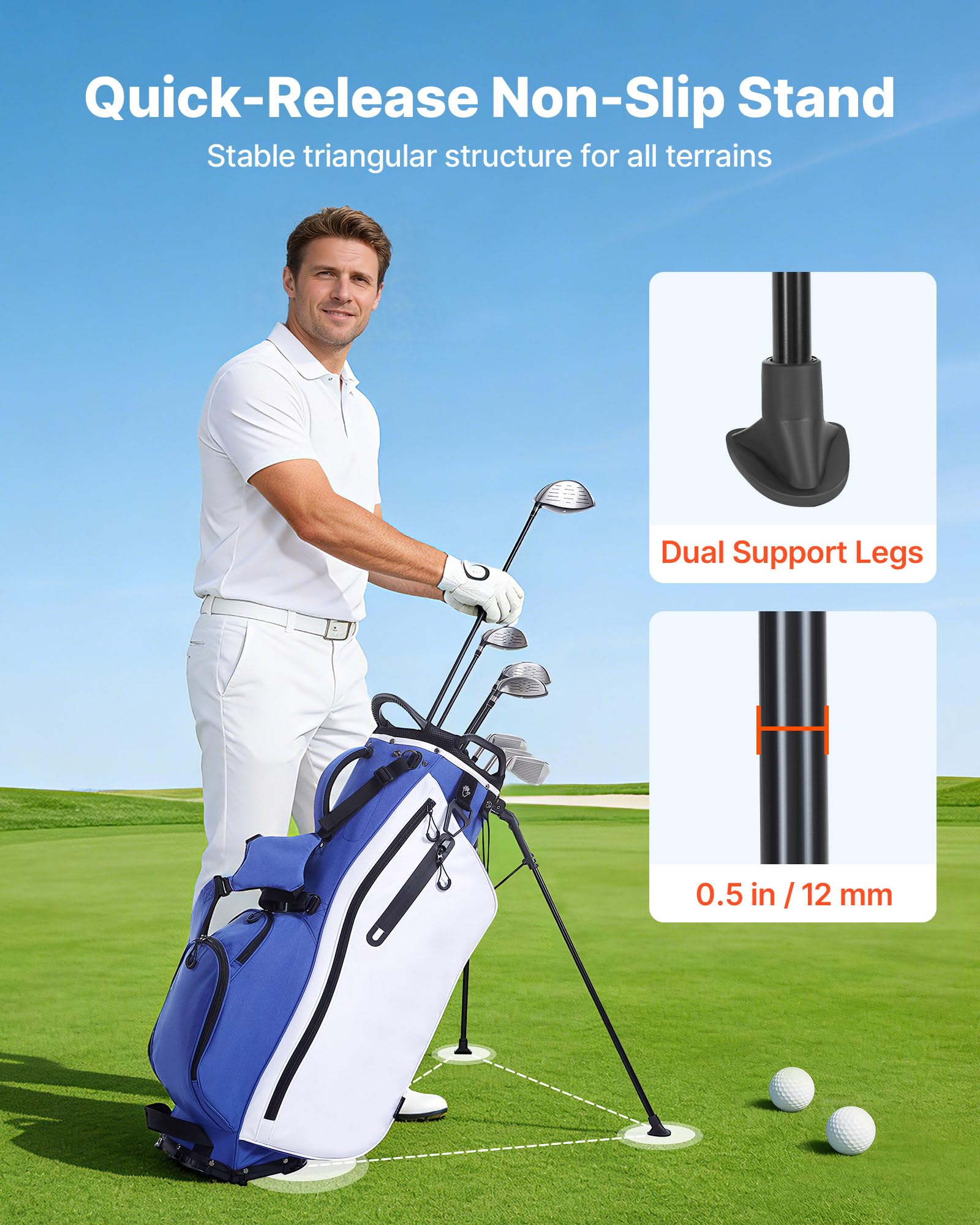 VEVOR Golfbag mit 7-Facher Einteilung, Golftasche mit Standfüßen Doppelschultergurt Durchgehenden Trennfächern Regenhaube Stautaschen, Caddybag aus Polyester für Herren Damen Golf Cartbag