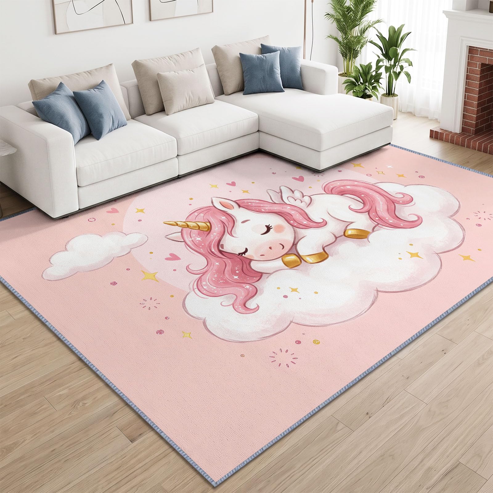 Tapis de Salon Lavable en Machine 160 x 230 cm, Dessin Animé Fantastique Animaux Licorne Tapis Chambre, Antidérapant, Poils Courts, Douce, Adapté à L'aspirateur pour Entree Interieur, Couloir, Rose
