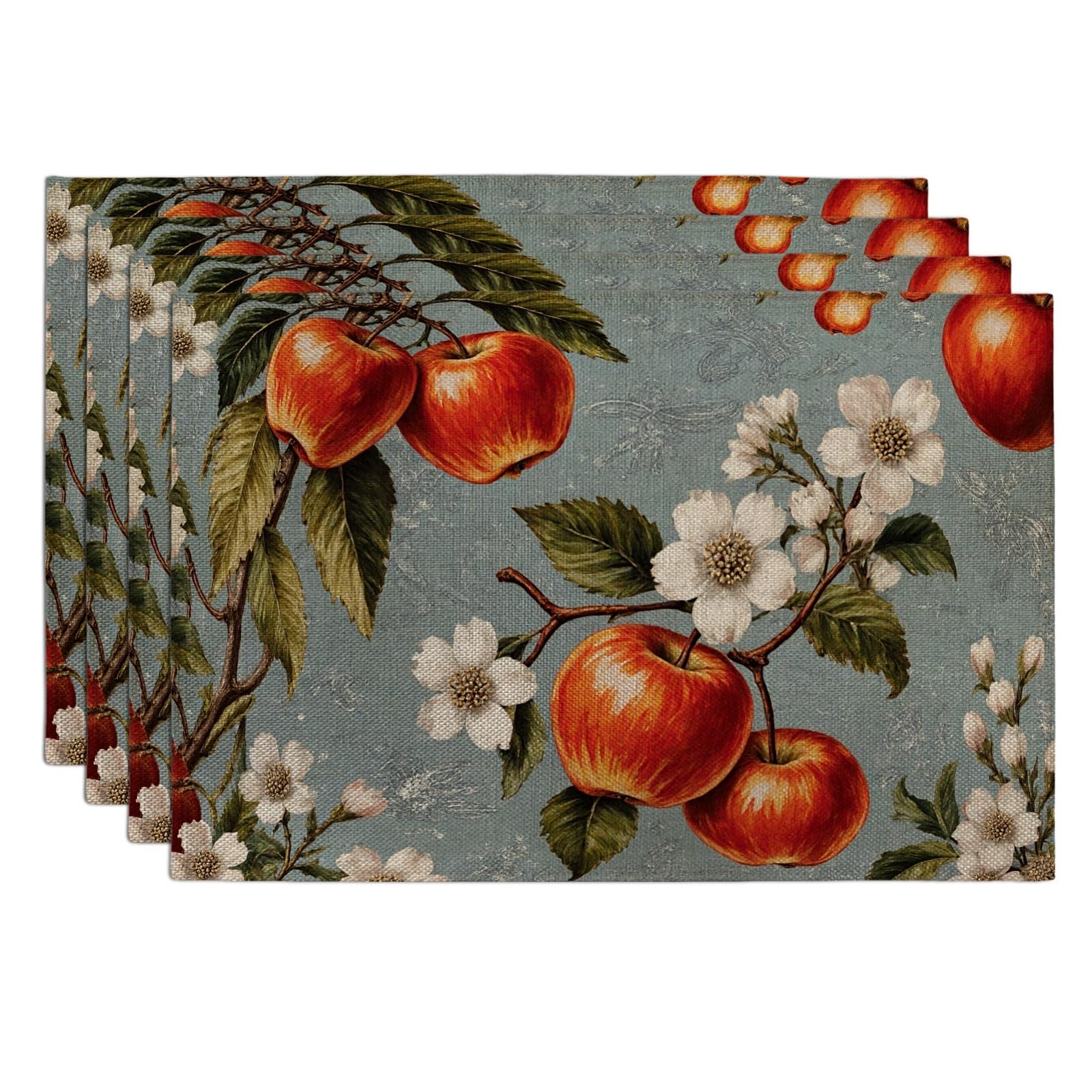 Vintage Floral s Placemats, Blue Botanical Place Mats for Dining Table, Seasonal Non-Slip Washable Indoor Outdoor Kitchen Party Decorative Placemat Set of 4