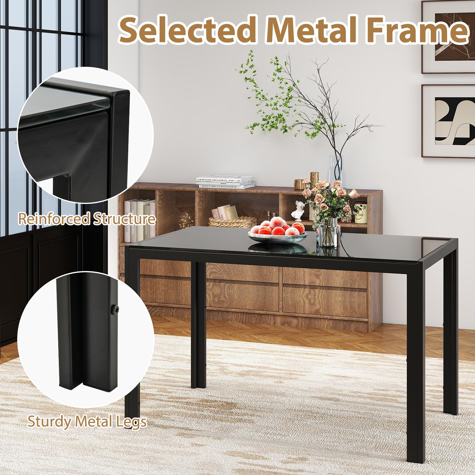 LIFEZEAL Tavolo da pranzo rettangolare 120 x 70 x 75 cm, piano in vetro temperato con gambe metalliche resistenti, capacità 90 kg, stile moderno per cucina e sala da pranzo, nero